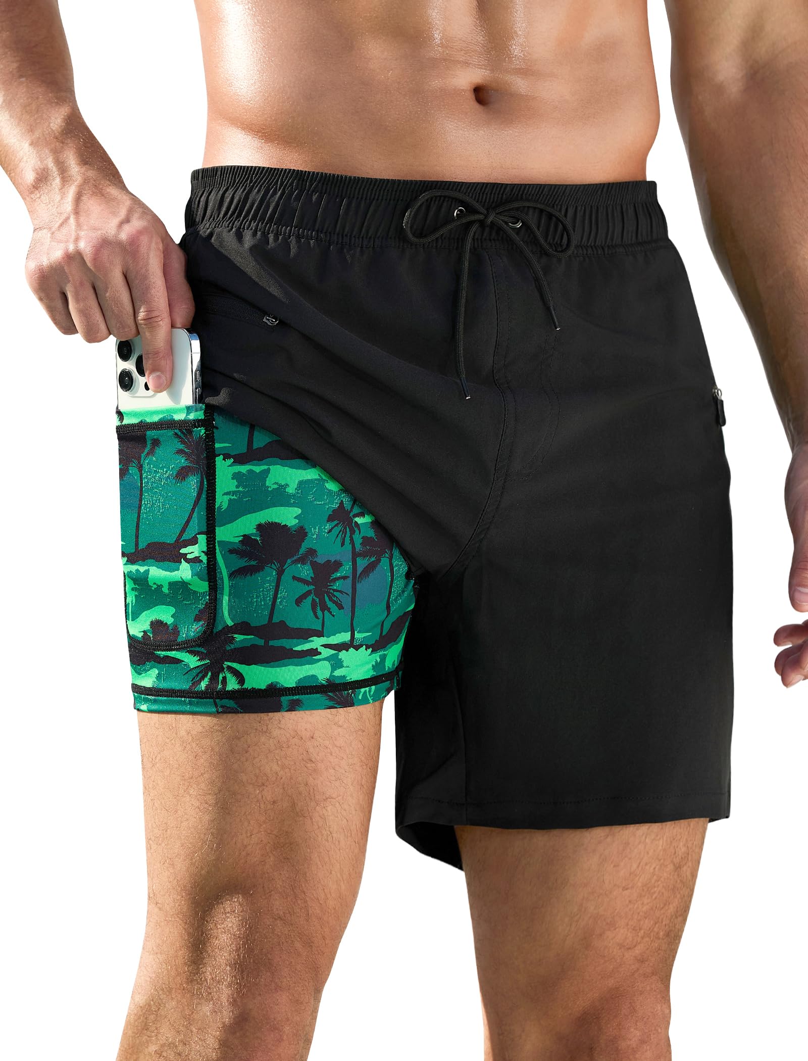 **Men's 5 Inch Quick-Dry Swim Trunks with Printed Compression Liner & Zipper Pockets - Perfect for Beach, Pool, Surfing & Water Sports**