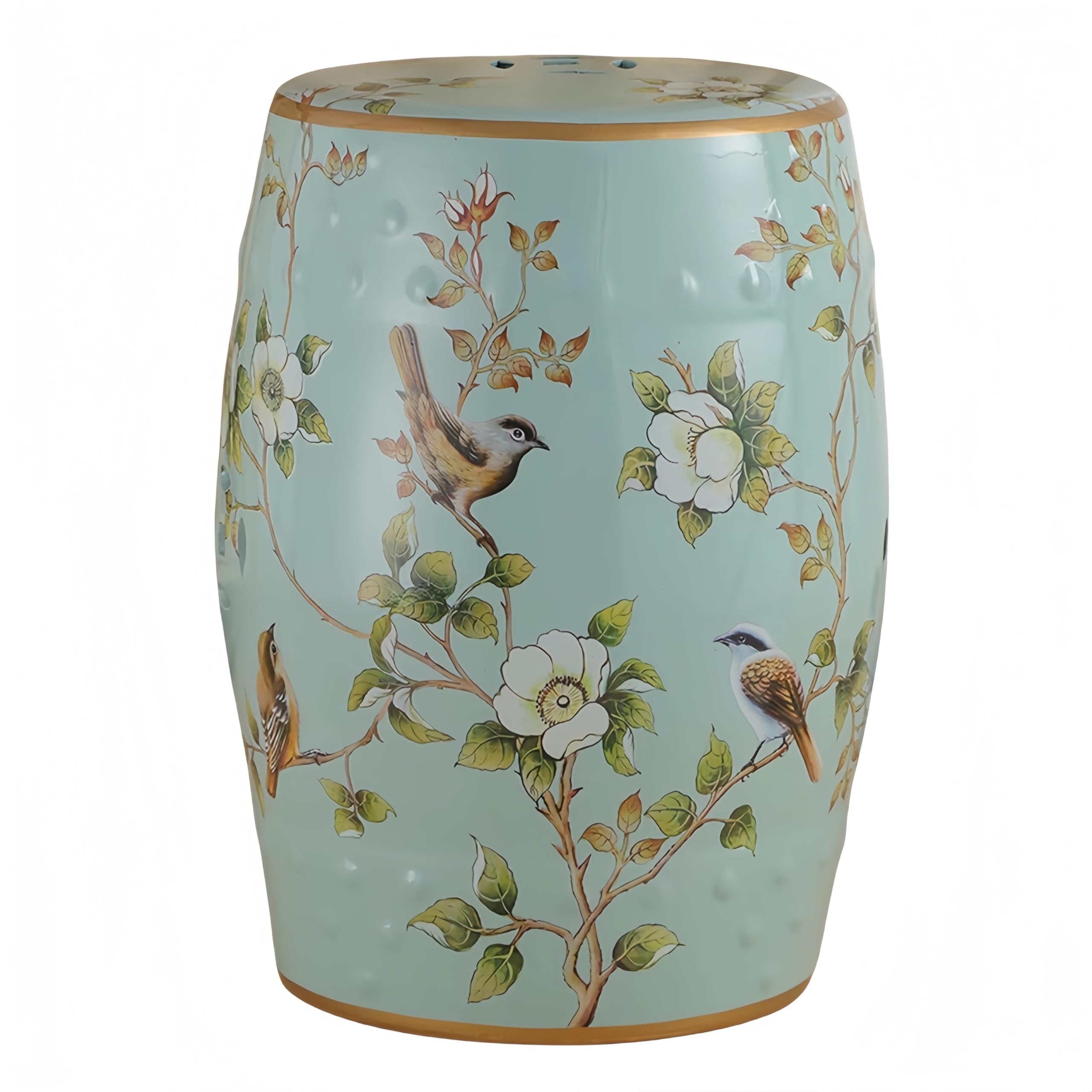 Ceramic Drum Garden Stool with Bird & Flower Design - Classic Cottage & French Country Style - Perfect for Bathroom, Garden Room, Patio Decor (Light Blue) - Ideal Outdoor Seating & Home Accent Piece