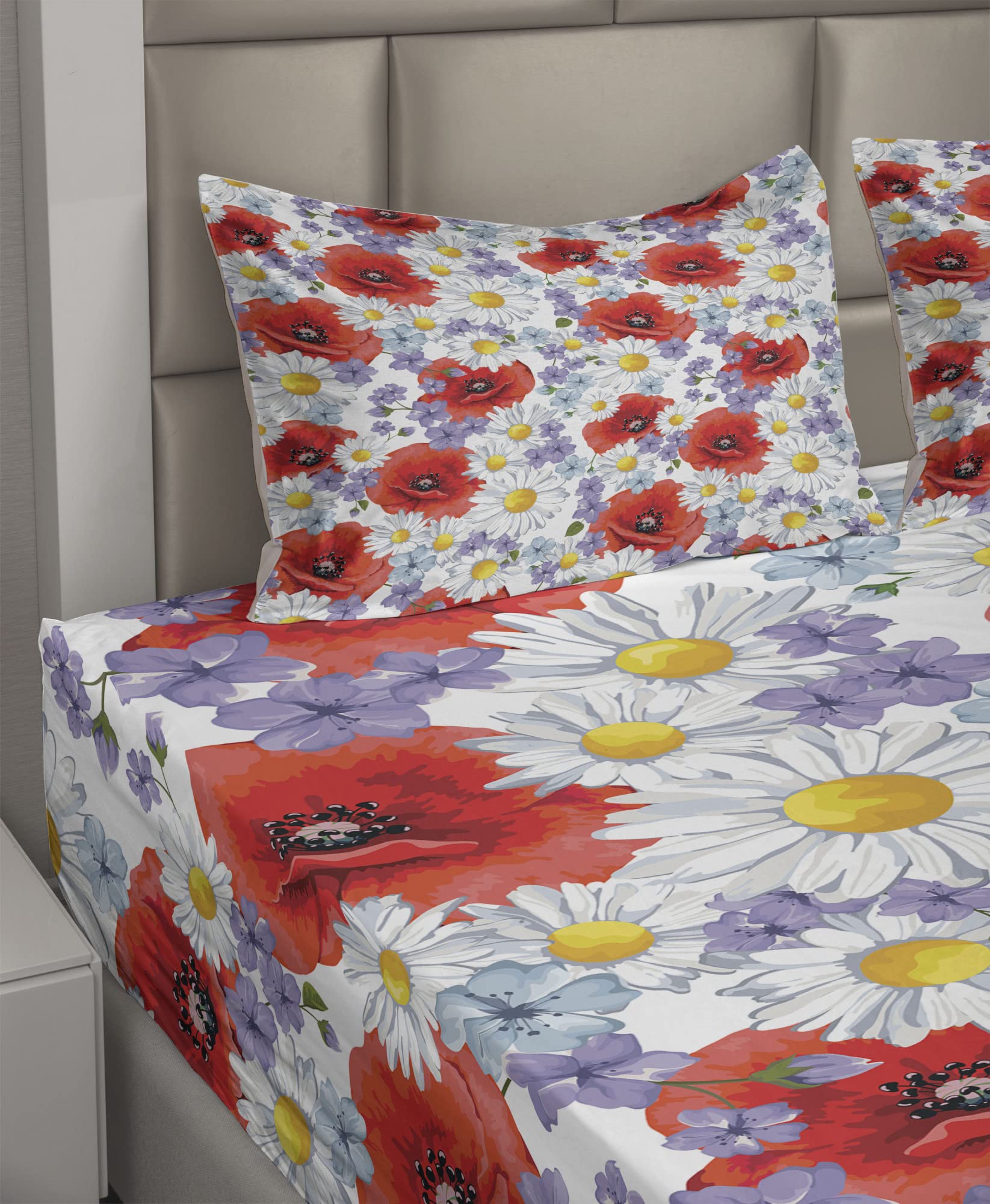 Ambesonne Floral Bedding Set - 4 Piece King Size with Purple Poppy & Daisy Wildflowers Design, Fitted & Flat Sheets + Pillowcases - Lavender & Scarlet Summer Nature Theme | Perfect for Guest Rooms, Master Bedrooms & Bohemian Home Decor