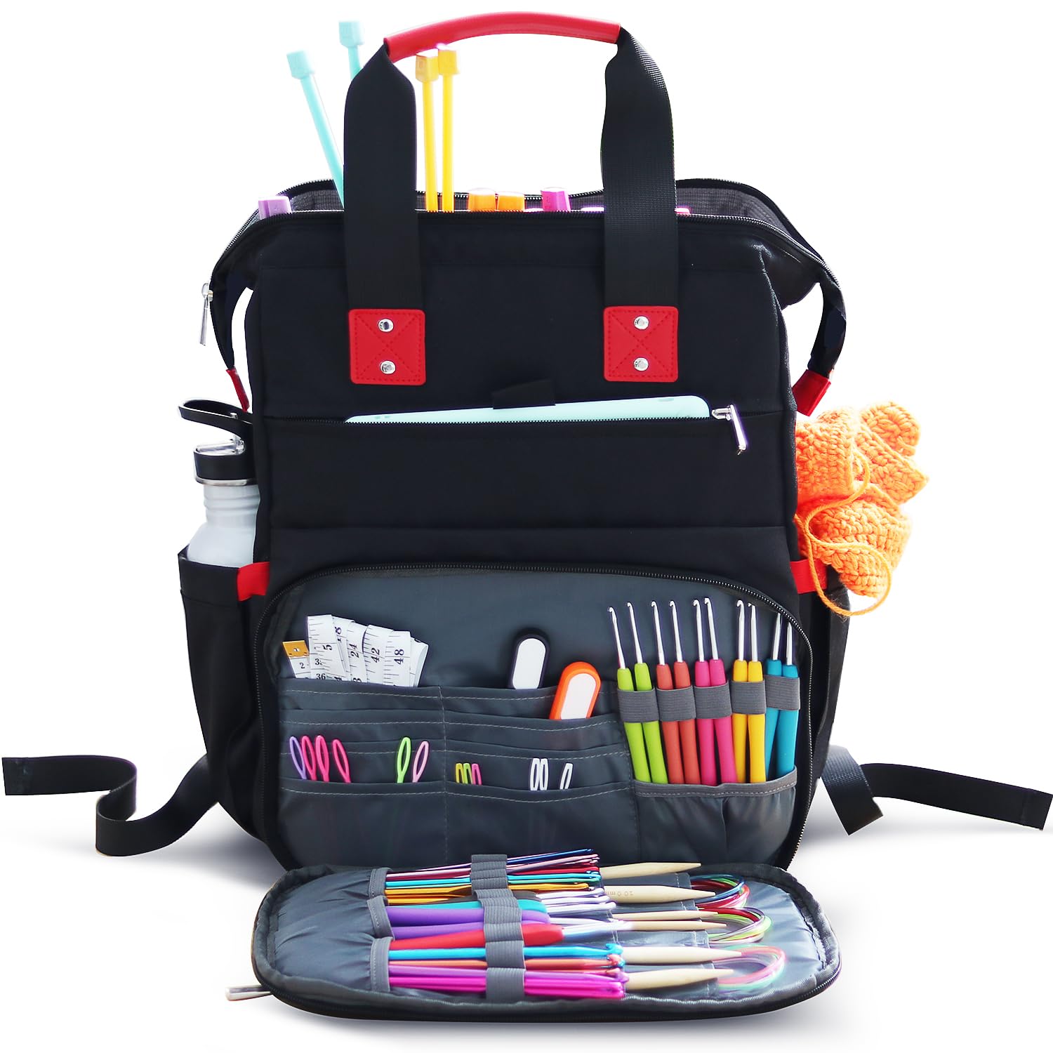 Hearth & Harbor Crochet Backpack - Canvas Knitting Bag & Yarn Organizer with USB Charging Port | Perfect for Crochet Supplies Storage, Travel Knitting Projects & On-the-Go Crafting