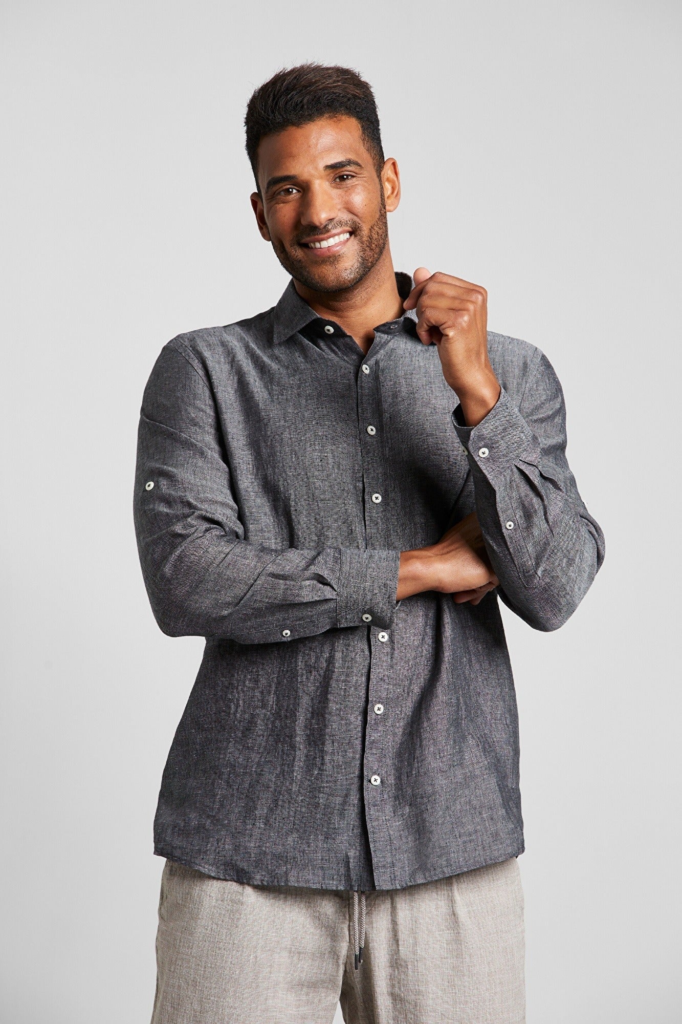 Premium BUGATTI Men's Linen Casual Shirt - Charcoal Gray | Breathable Summer Button Down Shirt for Business Casual & Outdoor Activities