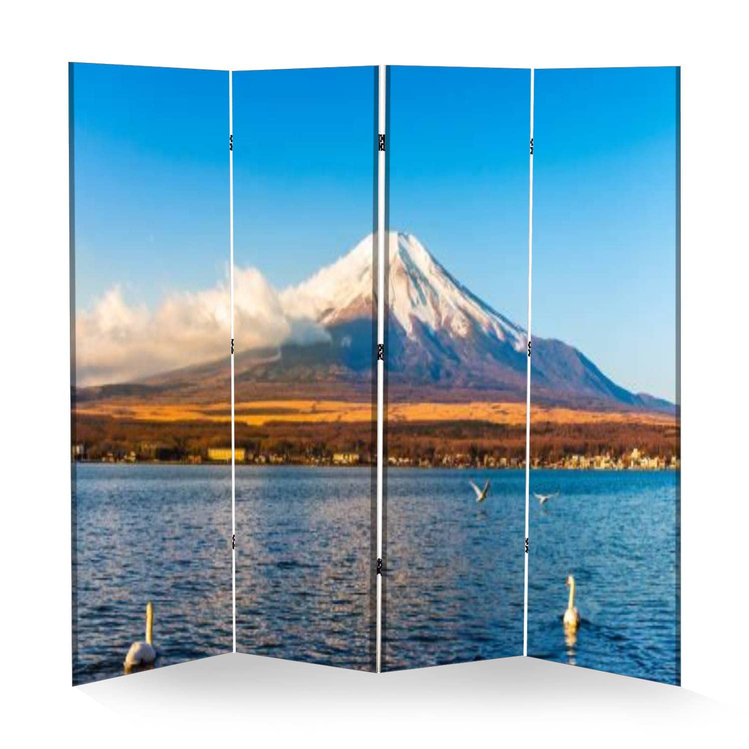 4 Panel Folding Room Divider - Fuji Mountain Sunrise & Swan Lake Canvas Privacy Screen | Portable Freestanding Wall Separator for Home Office, Bedroom Partition, Event Decoration