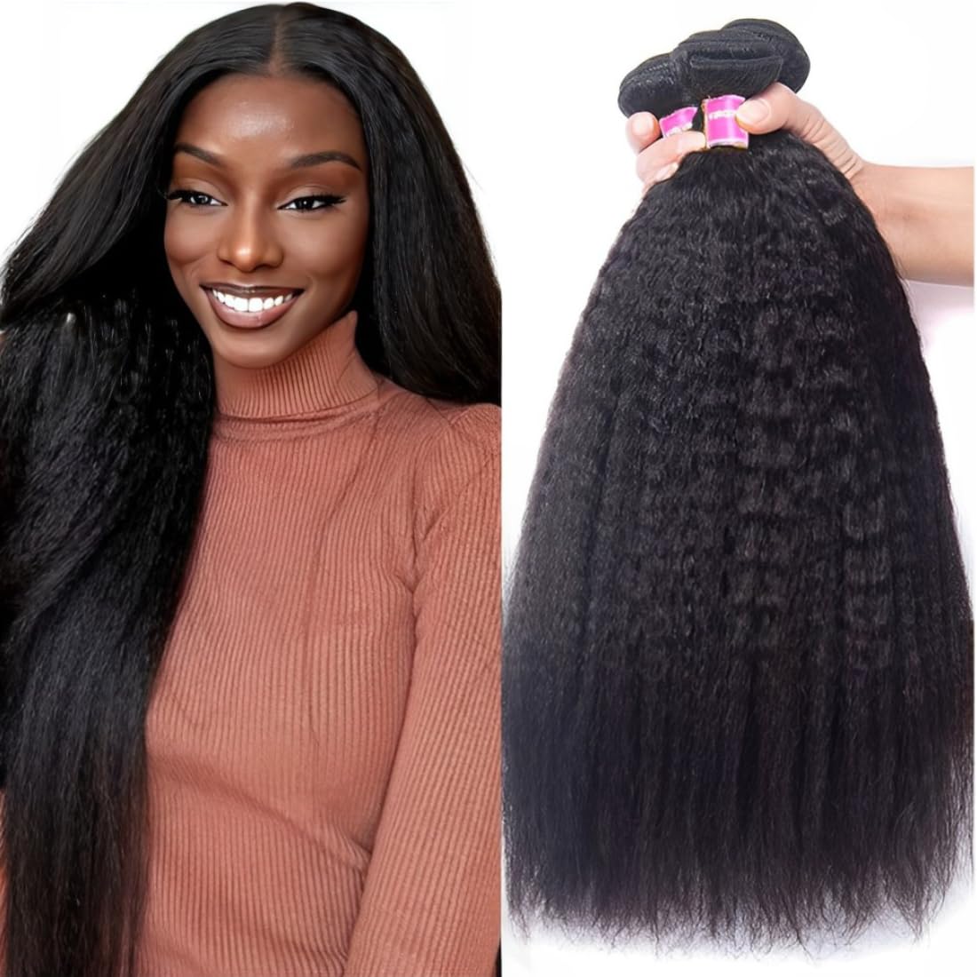 UNice Hair 10A Yaki Kinky Straight 100% Unprocessed Mongolian Virgin Human Hair Weave Extensions - 3 Bundles Natural Color (14 16 18 Inch) for Black Women | Perfect for Sew-in, Glue-in & Clip-in Hairstyles | Salon Quality Hair Extensions for Daily Wear & Special Occasions
