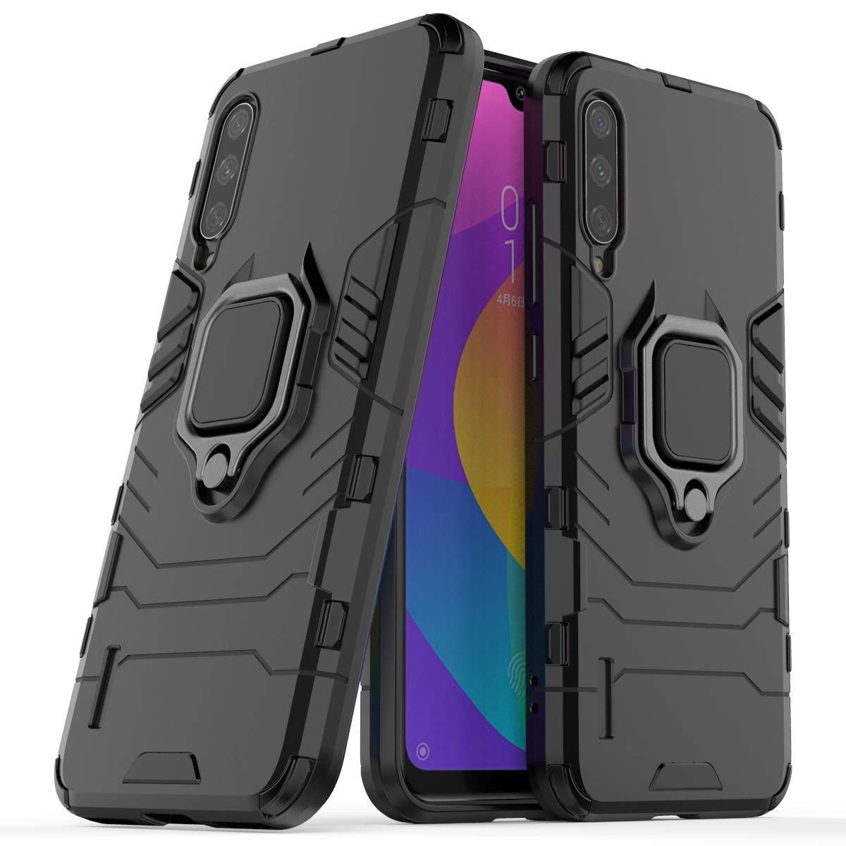 MISIDE Shockproof Heavy Duty Case for Xiaomi Mi A3 - Hybrid Rugged Armor Hard Back Cover with 360° Rotating Ring Stand, Scratch Resistant (Black) | Perfect for Outdoor Activities, Travel & Daily Protection