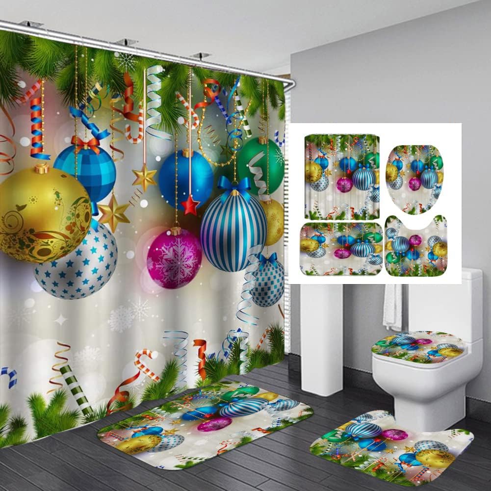 Waterproof Christmas Shower Curtain Set with Matching Rugs - Holiday Bathroom Decor Featuring Xmas Tree, Bells & Fireplace Design - Perfect for Festive Bathroom Decorations & Gift Giving