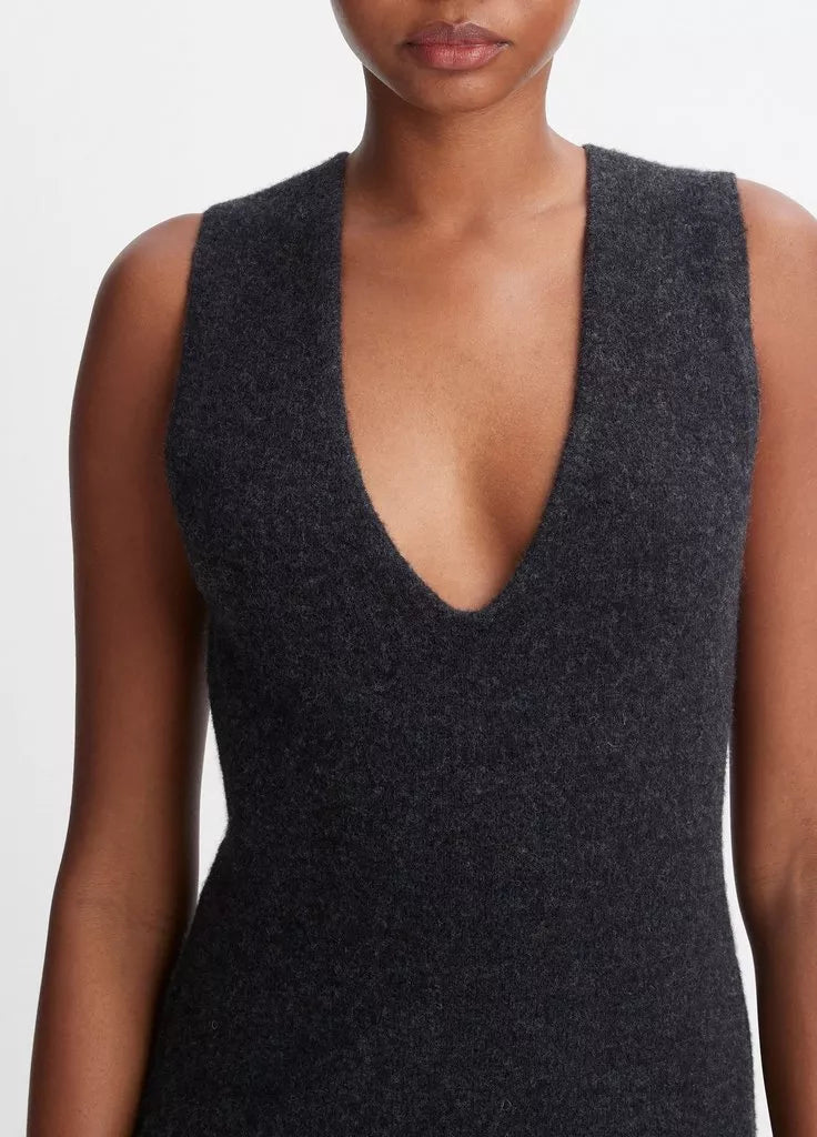 Deep V Neck Sweater Dress for Women - Soft & Warm Winter Knit Dress in Heater Charcoal - Perfect for Holiday Parties, Date Nights & Office Wear
