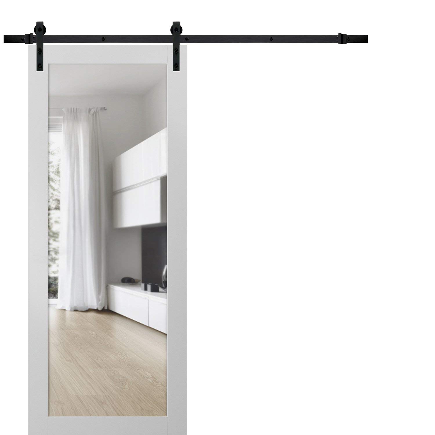 Lucia 2166 White Silk 18x80 Inch Solid Panel Barn Door with Clear Glass - Top Mount 6.6FT Heavy Duty Rail Hangers Hardware Set for Interior Sliding Doors | Perfect for Bedrooms, Closets & Farmhouse Style Homes