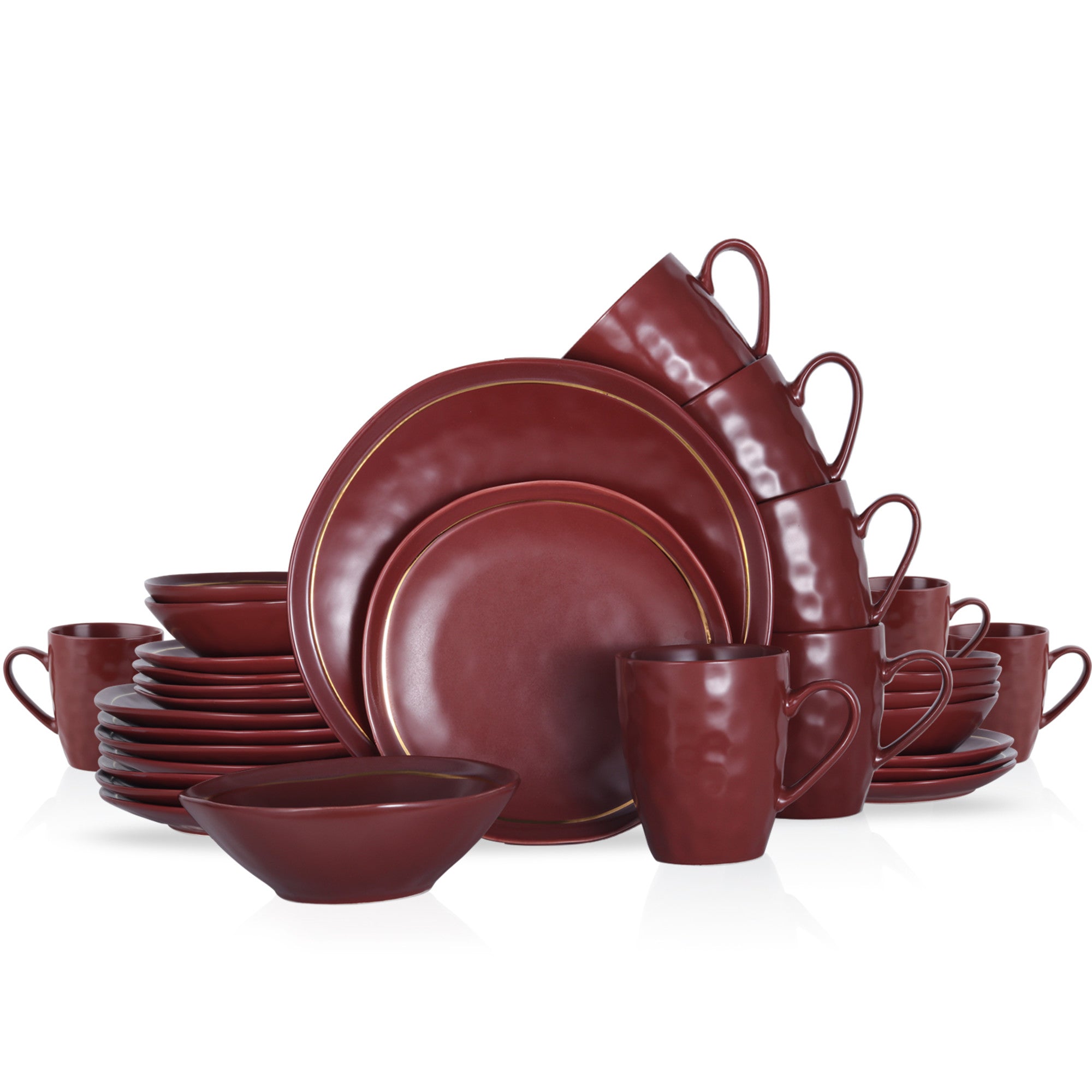 Premium Clara Porcelain Dinnerware Set - 16-Piece Burgundy Fine China for Formal Dining & Entertaining - Elegant Dinner Plates, Bowls & Cups Set for Holidays, Wedding & Special Occasions