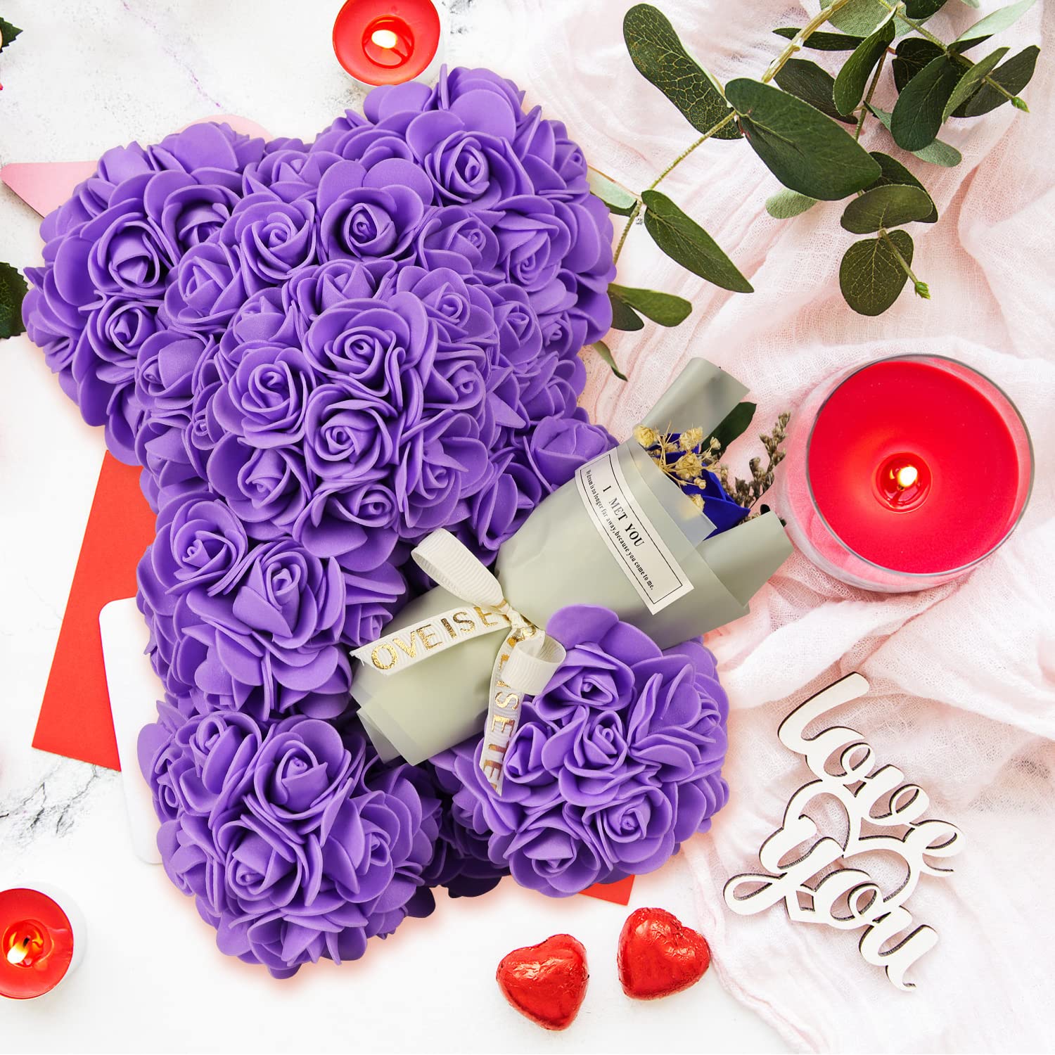 Purple Rose Bear Gift Set - Artificial Rose Teddy Bear with Bouquet & Greeting Card for Mother's Day, Birthday, Anniversary | Perfect Gift for Women, Wife, Mom, Grandma | Home Decor, Wedding Centerpiece, Romantic Present