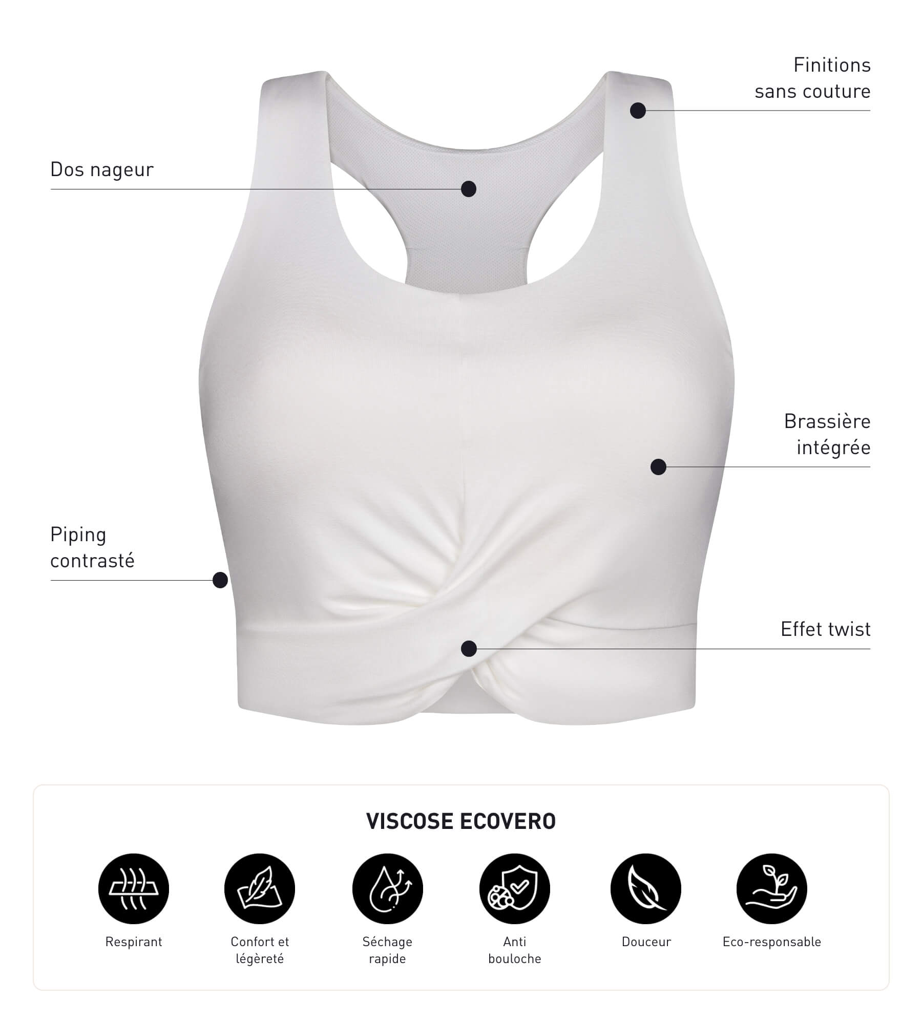 Women's Sport Tank Top in Ecru Viscose with Built-in Bra - Dim Move - Perfect for Yoga, Gym & Running Workouts