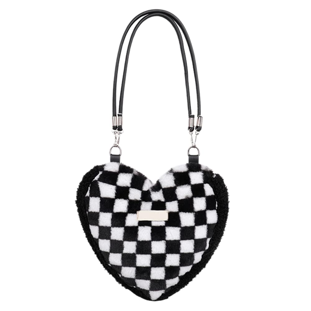 LUOZZY Lattice Pattern Plush Tote Bag - Fashionable Women's Shoulder Bag & Crossbody Purse in Black & White Checkered Print | Perfect for Work, Shopping & Travel Accessories