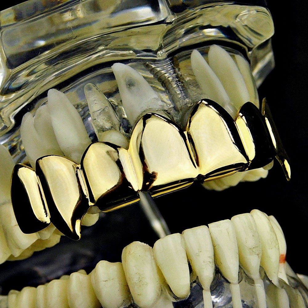 14K Gold Plated Fang Grillz - 8 Top Teeth Vampire Grills for Hip Hop & Halloween Costume | Perfect for Rappers, Performers & Cosplay Enthusiasts