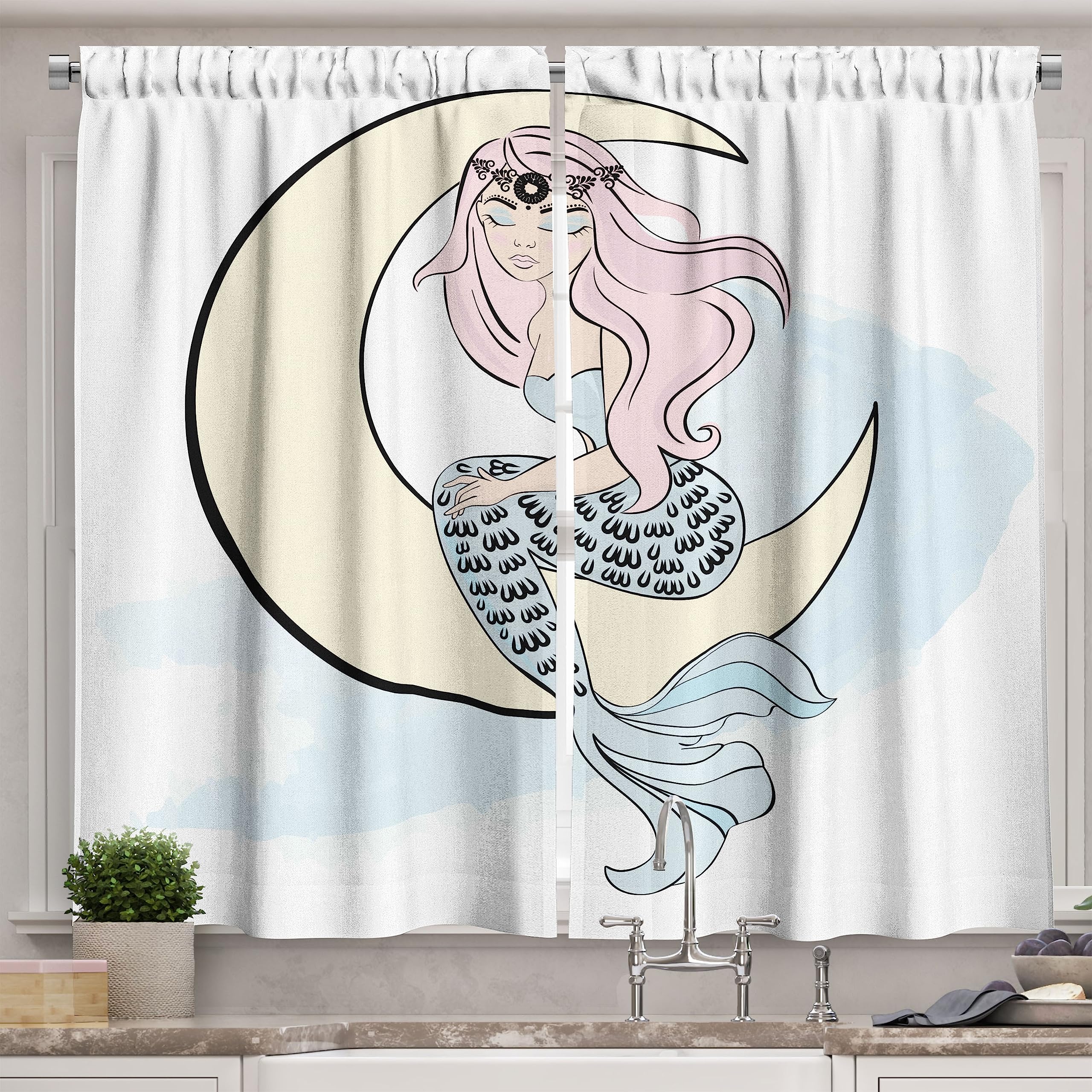 Ambesonne Magic Moon Long Kitchen Curtains - Mermaid Sitting on Crescent Moon Design, 2 Panel Rod Pocket Drapes, 55