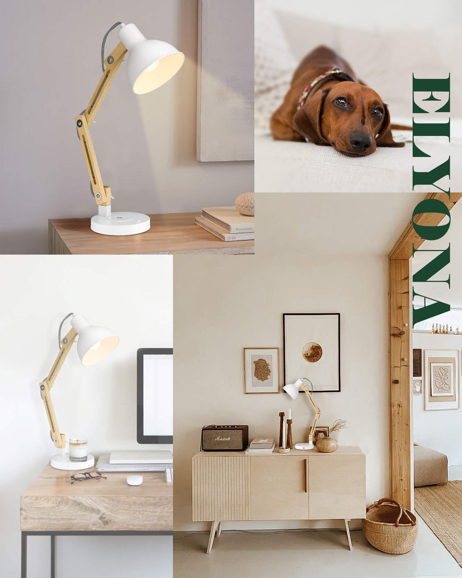 ELYONA White Desk Lamp with Wireless Charger & USB-C Port - Solid Wood Swing Arm LED Task Light (5W) for Reading, Studying - Perfect for Office, College Dorm, Bedroom, Living Room & Farmhouse Decor