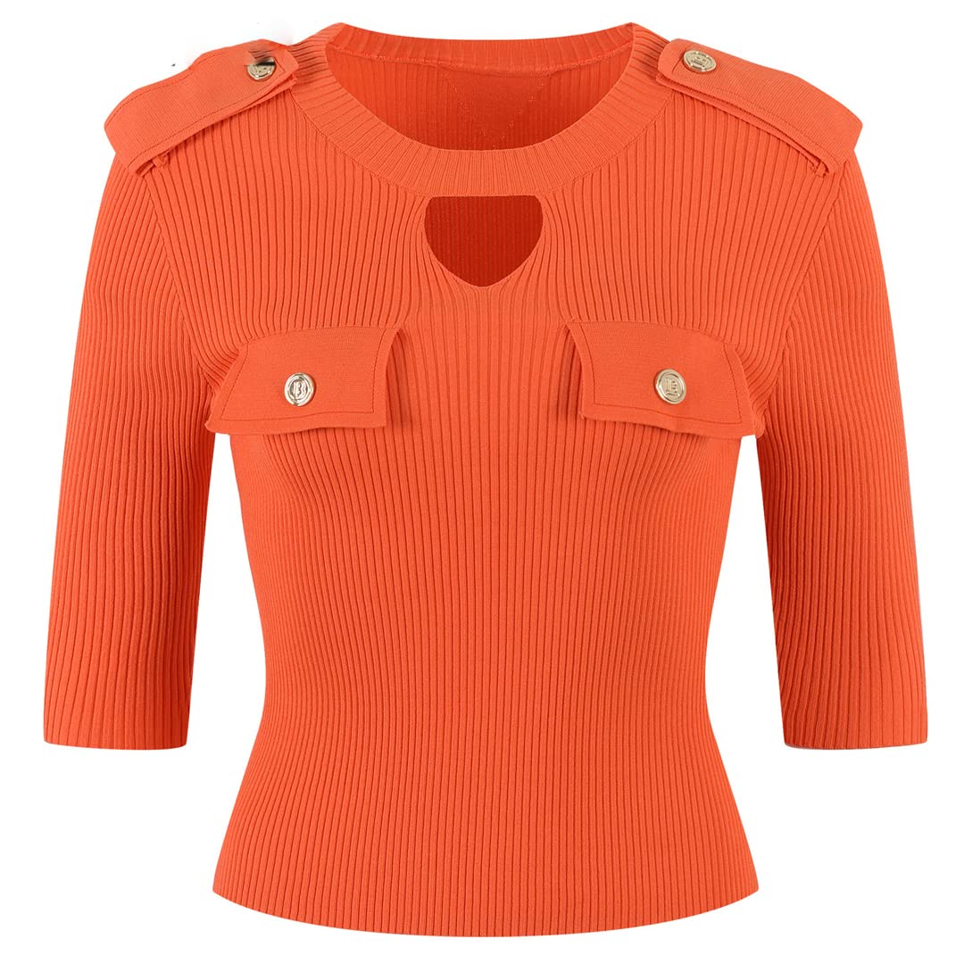 Women's Casual Knit Pullover Sweater with Gold Buttons - Summer Orange O-Neck Top for Everyday Wear, Office & Weekend Outings