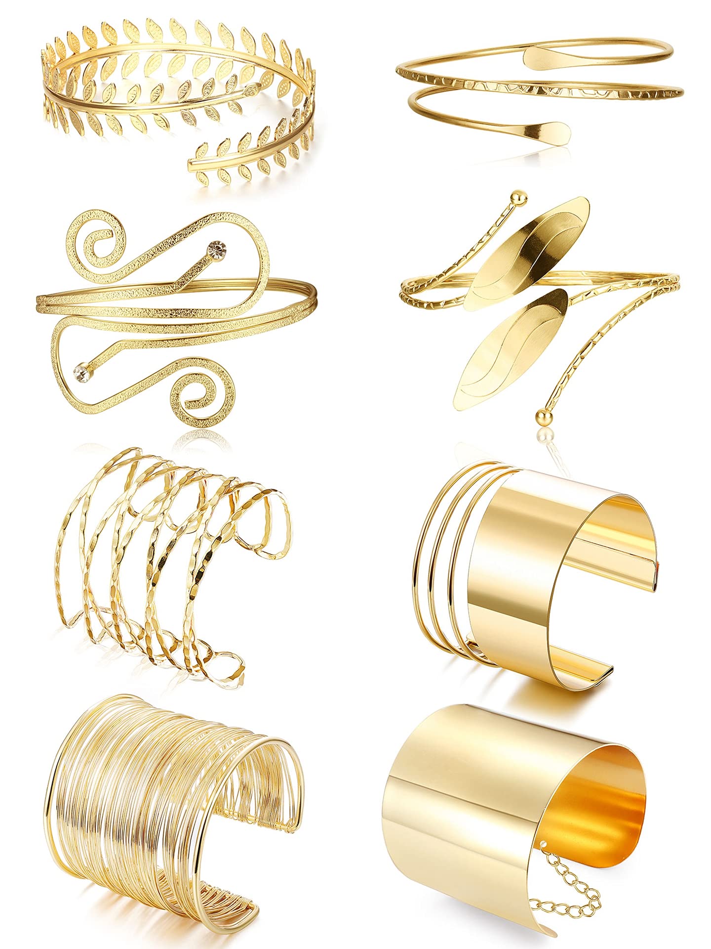 8 Pcs Women's Adjustable Upper Arm Cuff Jewelry Set - Gold & Silver Tone Open Armlet Coil Wrap Bracelet Bangle for Parties, Weddings & Boho Fashion Accessories