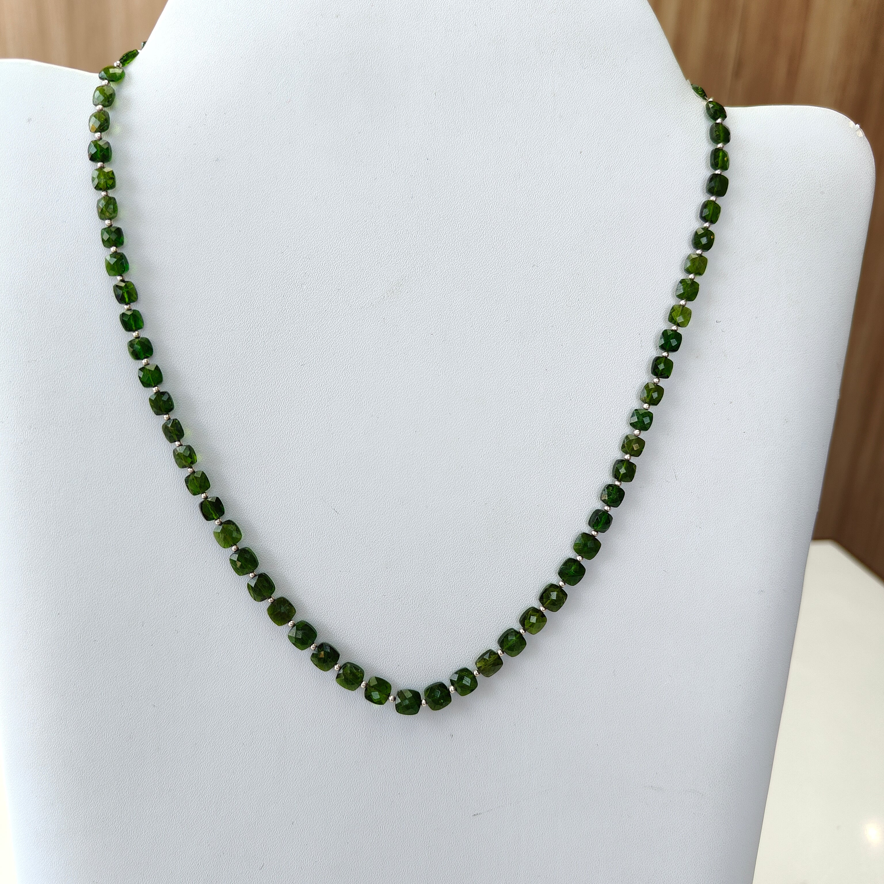 Chrome Diopside Gemstone Beads Necklace - 925 Sterling Silver Green Briolette Checker Cut Beaded Jewelry for Women | Elegant Gift for Birthday, Anniversary & Special Occasions