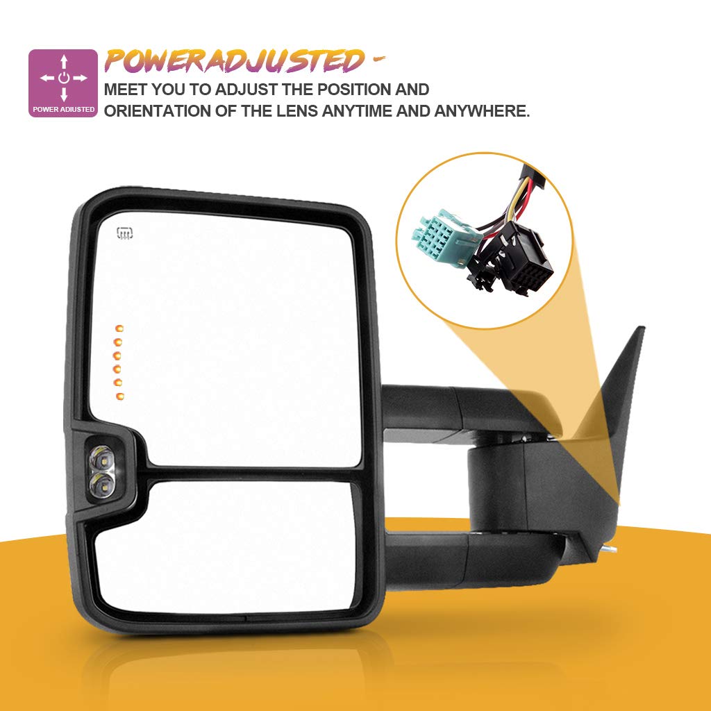 Heated Power-Adjustable Towing Mirrors for 2003-2007 Chevy Silverado & GMC Sierra 1500/2500/3500 (07 New Body Style) - Black Cap, Turn Signal - Perfect for Towing Trailers, Boats & RVs