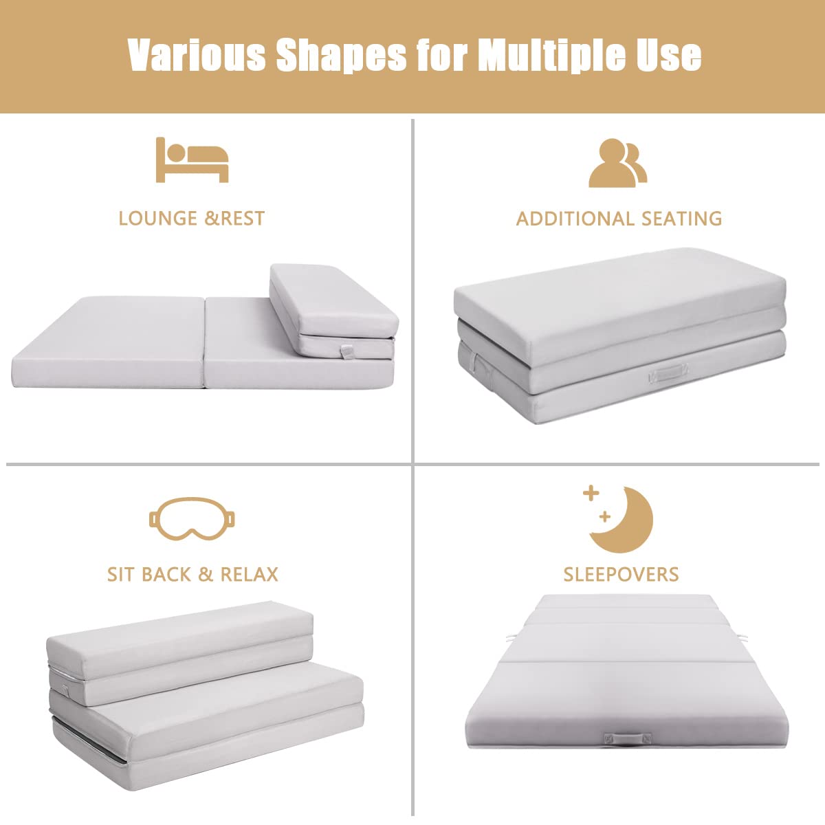 KOMFOTT 4 Inch Tri-Fold Foam Mattress - Twin XL Size with Removable Washable Cover - Portable Folding Guest Bed for Camping, Travel & Home Use - Gray Comfort Mattress for Floor, Sofa & Temporary Sleeping