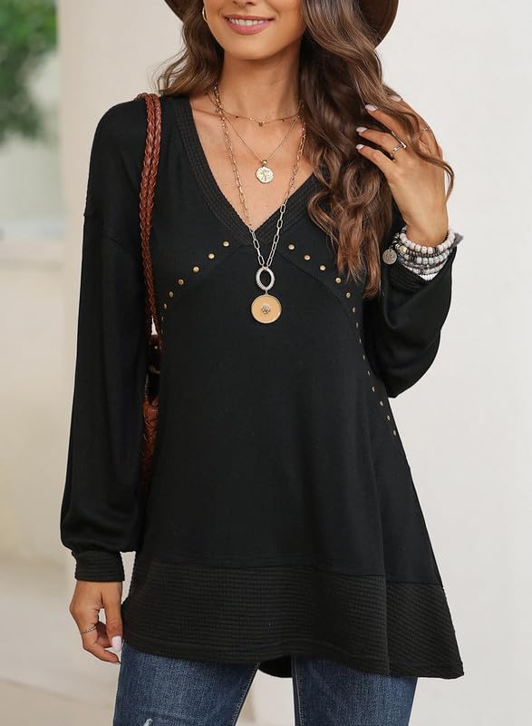 Dokotoo Women's Waffle Knit V-Neck Blouse with Ruffle Sleeves & Stud Rivet Details - Casual Tops for Work, Date Night & Fall Layering