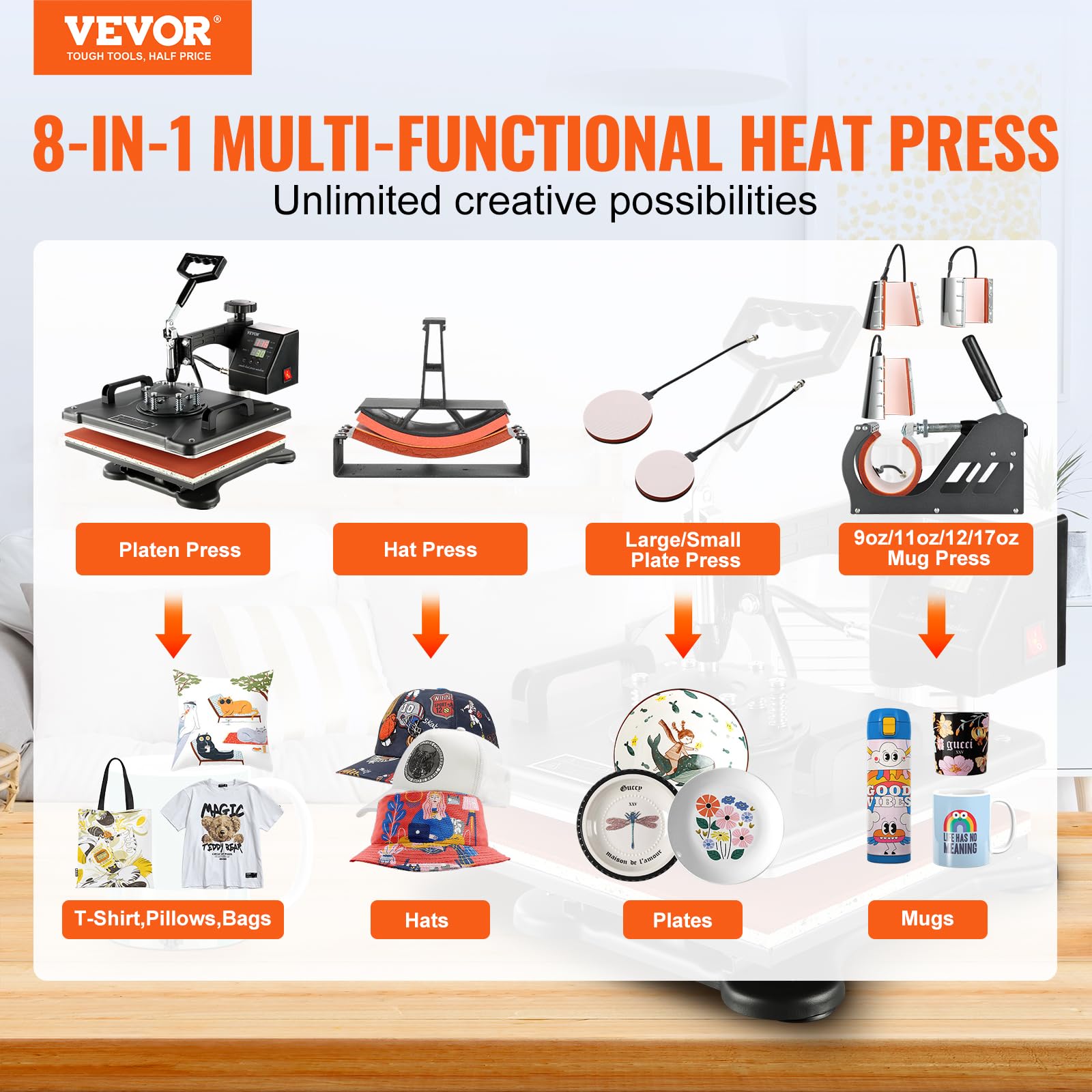 VEVOR 12x15 Inch Heat Press Machine - 8-in-1 Digital Sublimation Transfer Press with 360° Rotation & Swing Away for T-Shirts, Hats, Mugs, Plates | Perfect for DIY Crafts, Custom Apparel & Small Business Printing