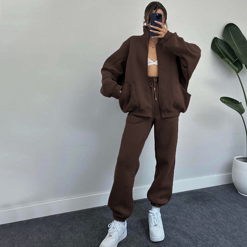 Stylish Solid Color Stand Collar Cardigan Hoodie Set for Women - Cozy Fall & Winter Outfit for Casual Wear, Office, and Outdoor Activities