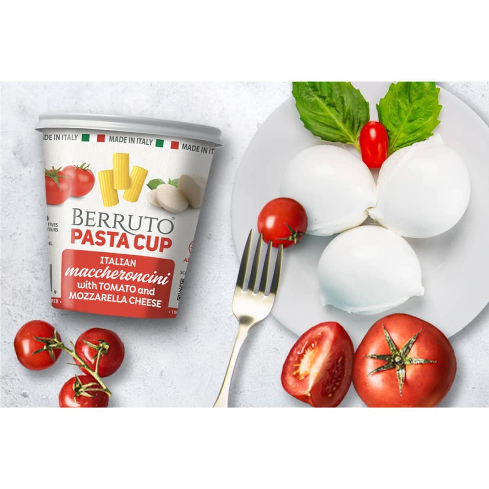 Berruto Individual Microwave Pasta Cup 2.4 oz - Pomodoro Mozzarella & Creamy Mushroom Flavors - Quick Easy Meal - Recyclable Packaging - No Palm Oil, No Preservatives - Assorted 8 Pack - Perfect for Office Lunch, College Dorm, or Camping Meals