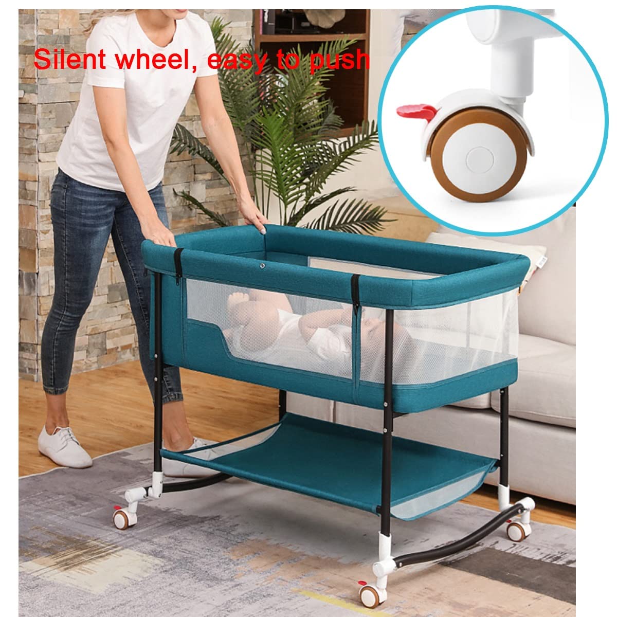 Portable Adjustable Height Bedside Crib Co-Sleeper with Wheels & Mosquito Net - Safe Nursery Bed for Babies 0-24 Months - Perfect for Bedroom Co-Sleeping & Travel (Green)