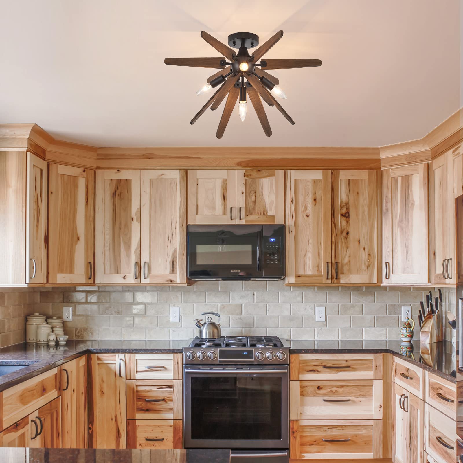 **4-Light Sputnik Semi Flush Mount Ceiling Light Fixture - Black & Wood Farmhouse Style for Hallway, Kitchen, Entryway, Laundry, Nursery, Bedroom - Perfect for Rustic & Modern Home Decor**