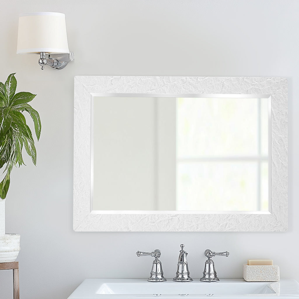 Modern White Plaster Thick Framed Rectangular Bathroom Mirror - Beveled Edge Decorative Wall Mirror for Vanity, Powder Room & Home Decor