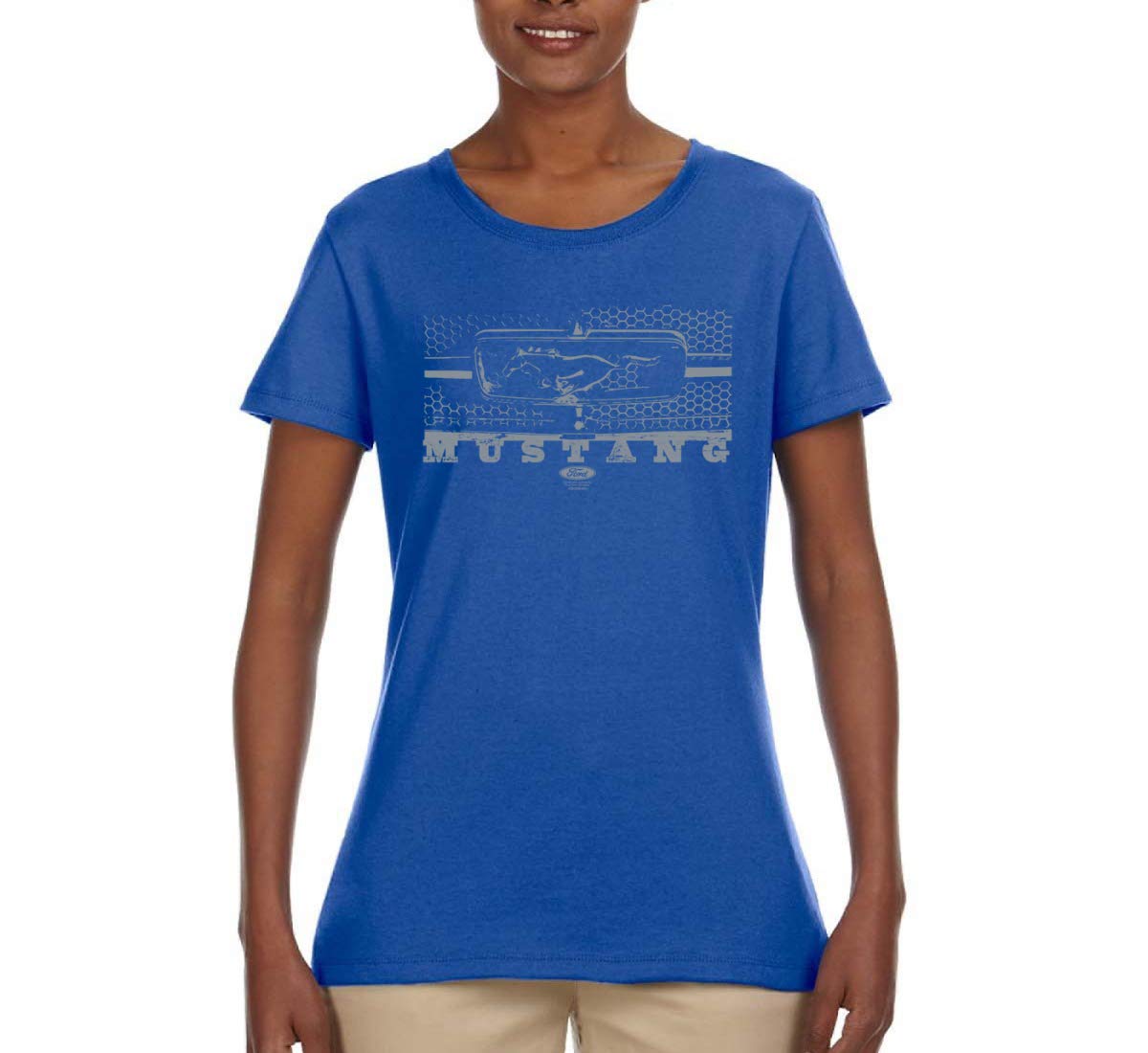 Vintage Ford Mustang Silver Honeycomb Grill Distressed Graphic T-Shirt for Women - Classic Car Lover Tee for Casual Wear, Car Shows & Road Trips
