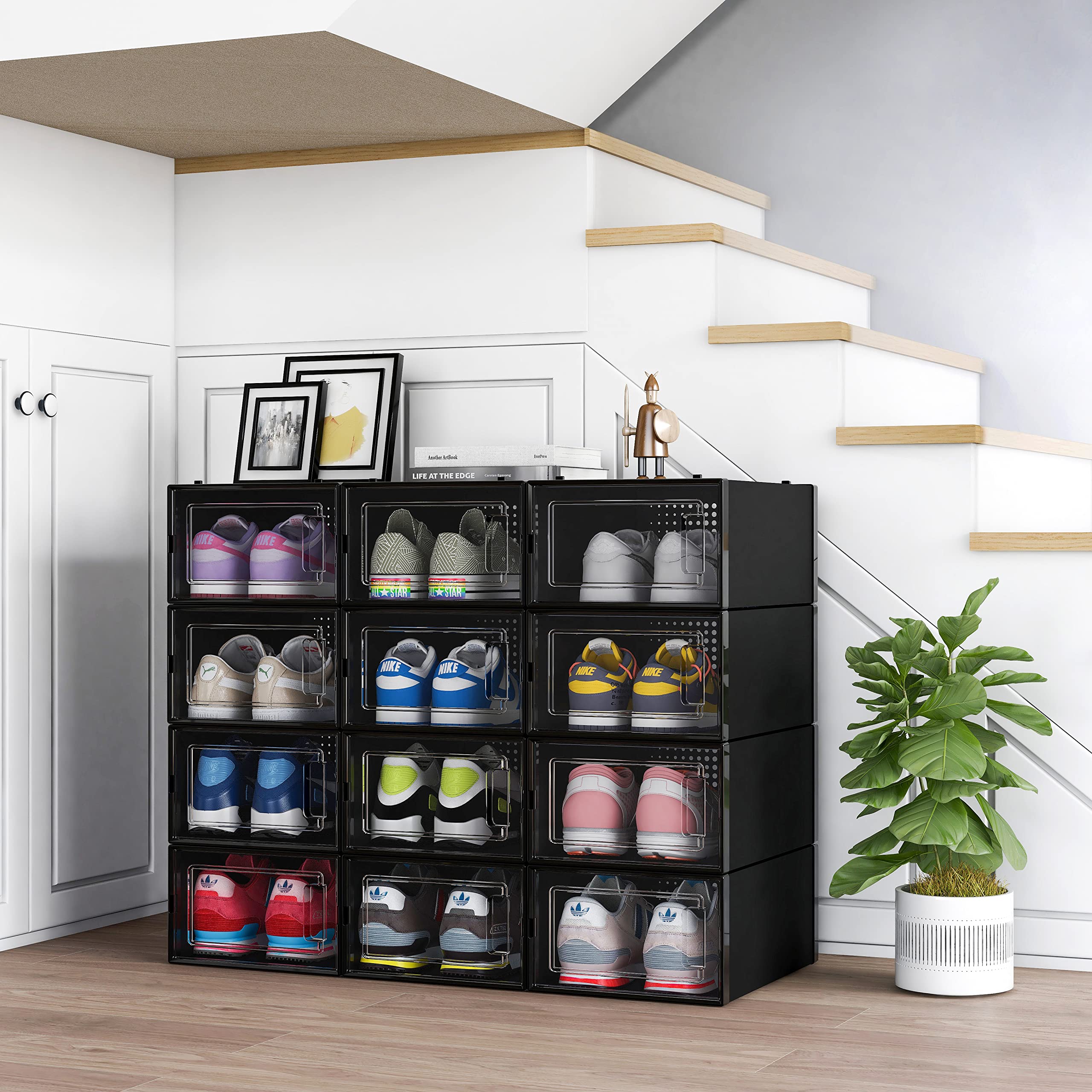 12 Pack Black Plastic Shoe Organizer Boxes - Stackable Shoe Storage Bins for Closet, Space Saving Shoe Holder & Sneaker Display Case for Medium Size Shoes - Perfect for Bedroom, Entryway, and Dorm Organization