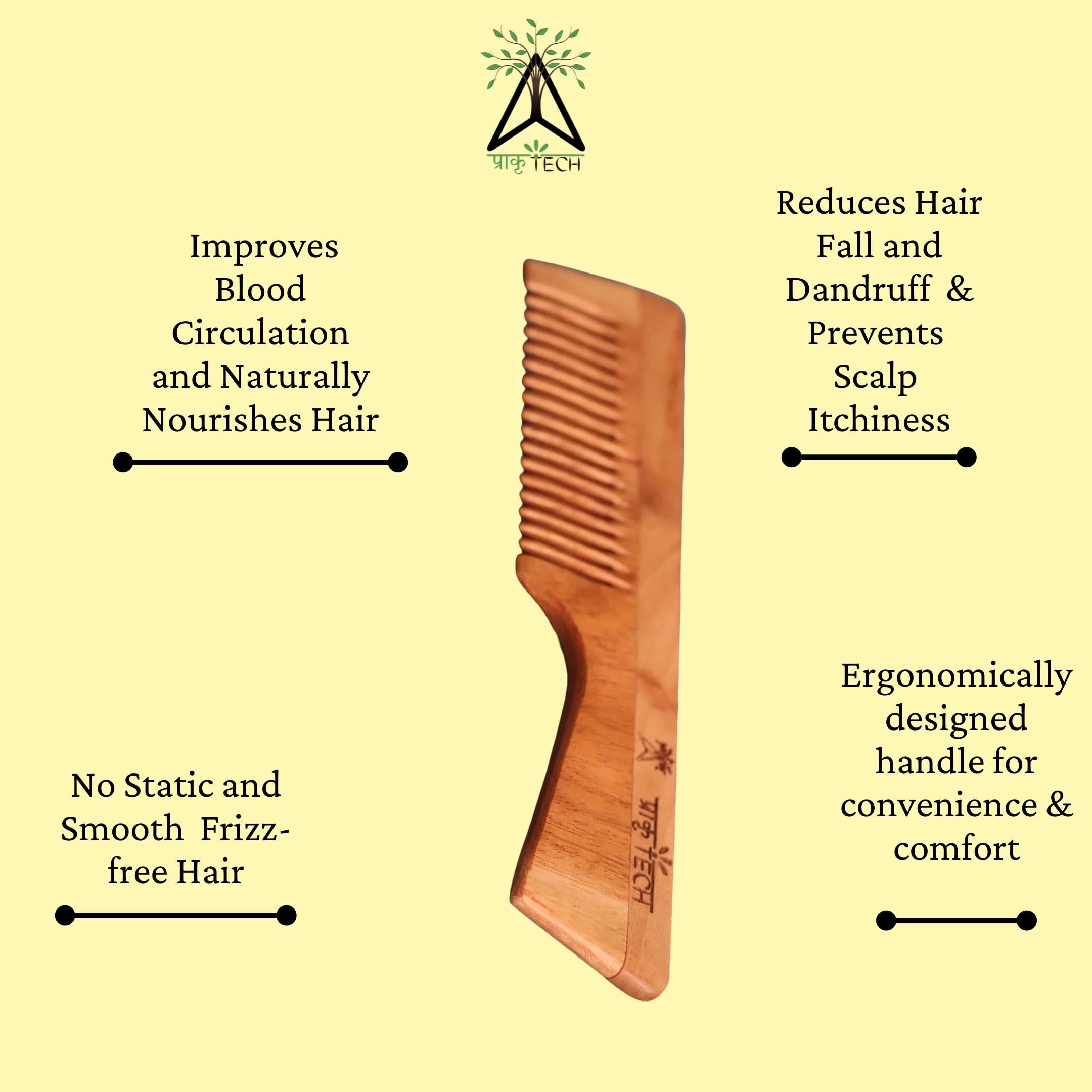 PRAKRTECH Neem Wood Shampoo Comb with Handle - Anti-Dandruff & Hair Loss Prevention Comb for Men & Women | Natural Kachi Neem Wooden Comb for Hair Growth & Scalp Care | Perfect for Daily Hair Styling & Massage (17 x 7 x 1 cm)