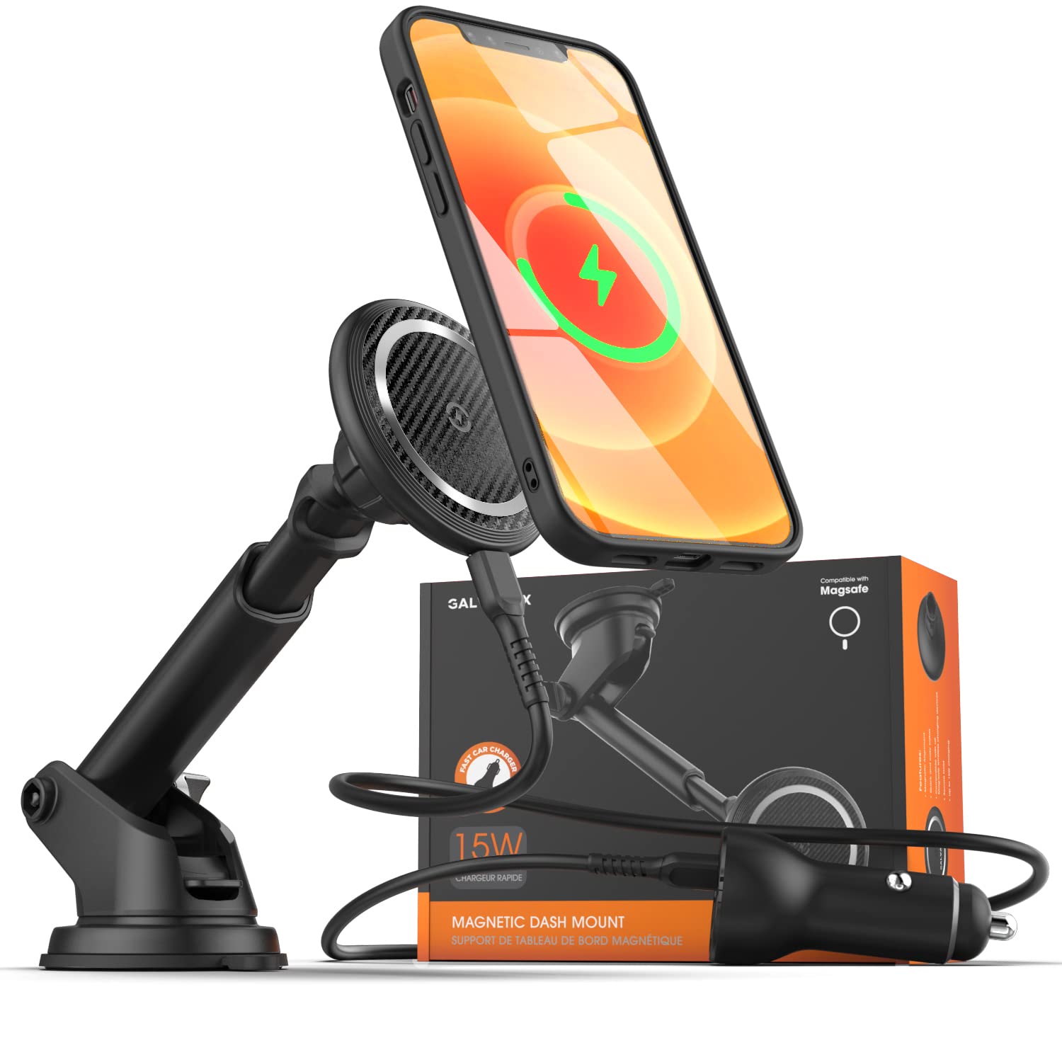 GALVANOX Magnetic Car Mount Phone Holder with 15W Wireless Charging - MagSafe Compatible Fast Charger for iPhone 12/13/14 Pro Max - Secure Hands-Free Driving & Convenient Charging on the Go