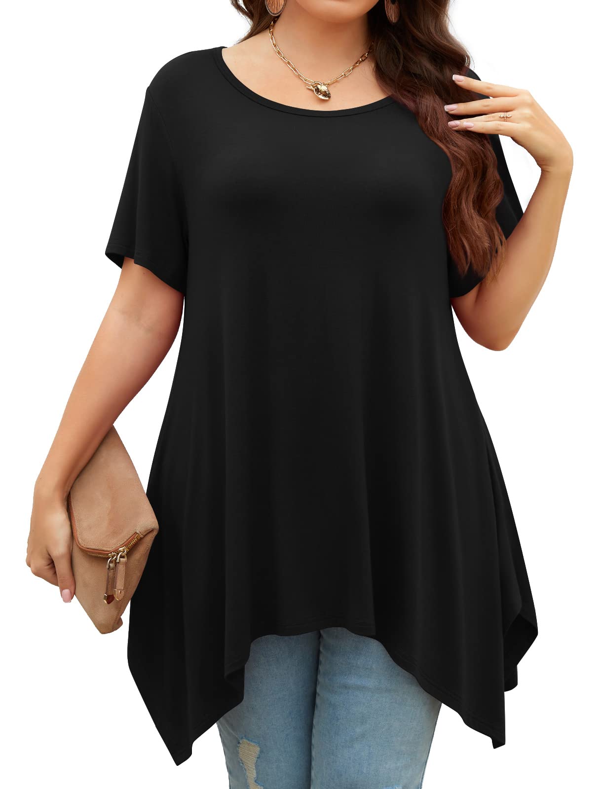 POPYOUNG Women's 2025 Summer Short Sleeve Tunic Top - Casual Loose Swing Blouse Shirt for Beach, Vacation & Everyday Wear