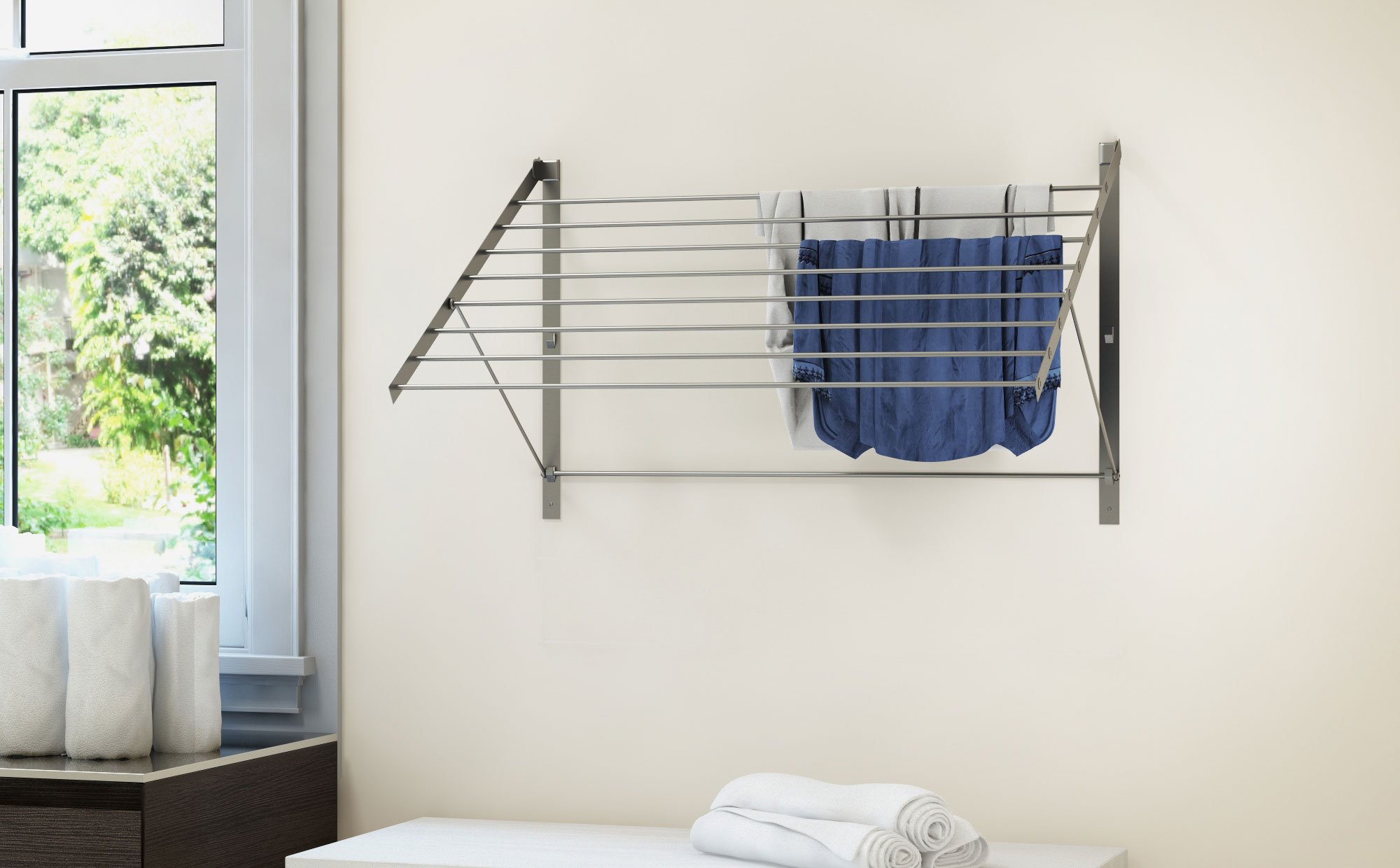 BrightMaison Wall Mount Clothes Drying Rack - Stainless Steel Laundry Organizer with 6.5 Yards Drying Capacity (Set of 2) - Space Saving Solution for Small Apartments, Bathrooms & Laundry Rooms