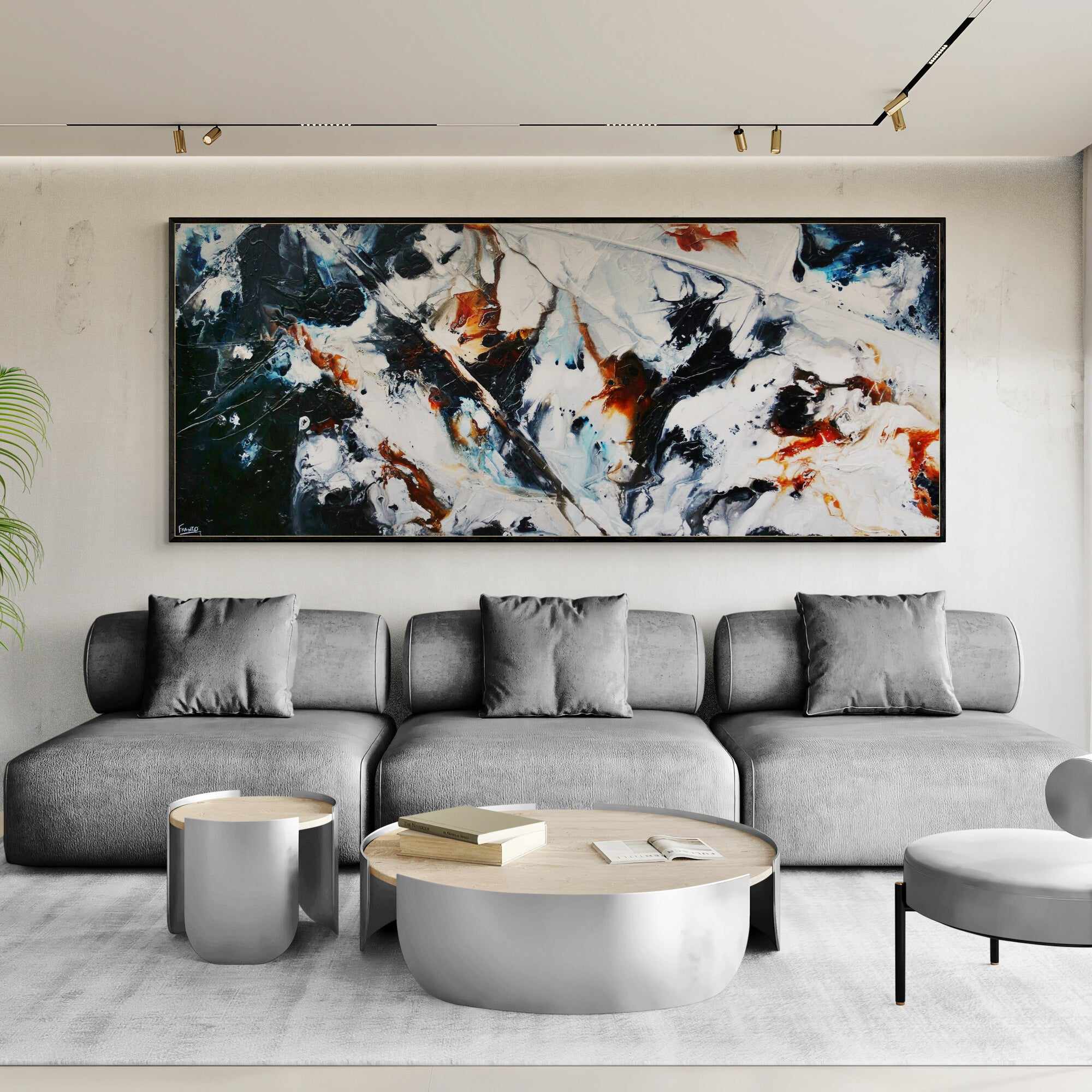 240cm x 100cm Modern Abstract Textured Painting in Grey, White & Black - Large Wall Art for Living Room, Bedroom or Office Decor