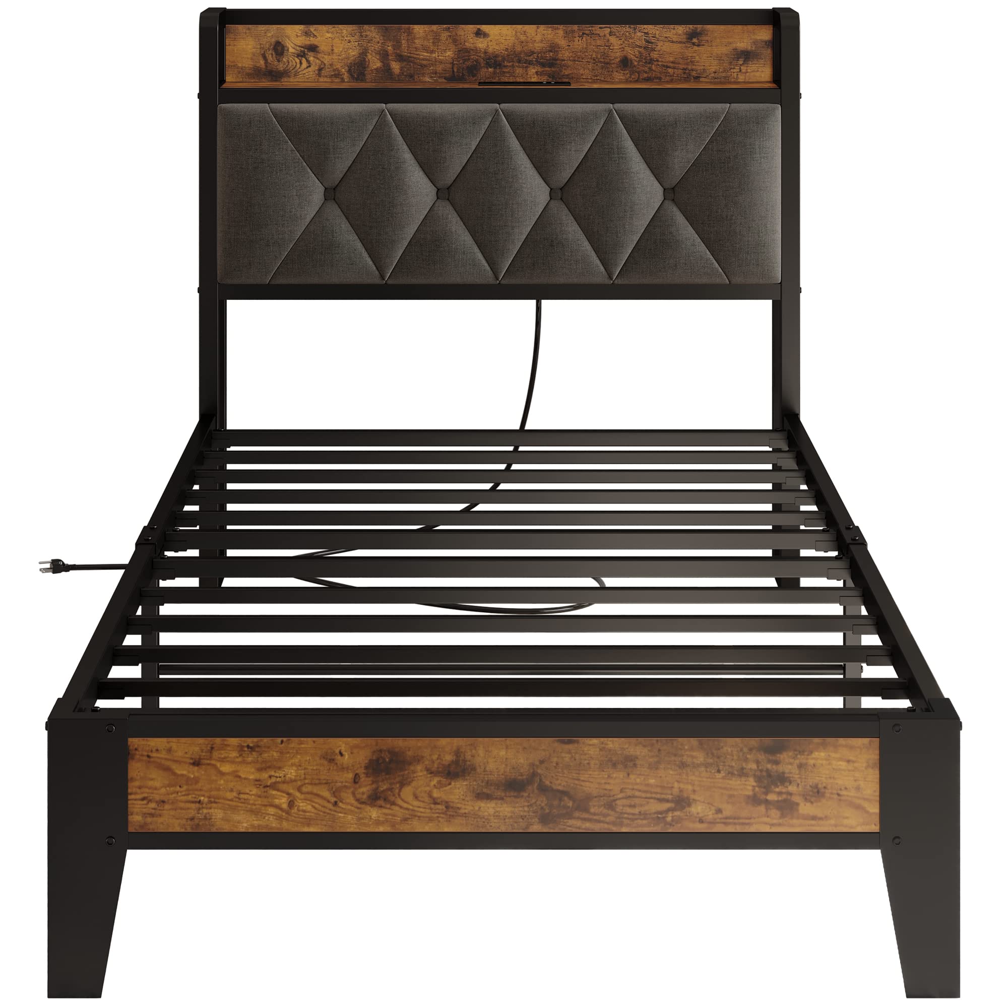 ANCTOR Twin Bed Frame with Storage Headboard & USB Outlets - Easy Assembly, Sturdy Metal Platform Bed, Quiet & No Box Spring Needed - Ideal for Small Bedrooms, Guest Rooms & College Dorms
