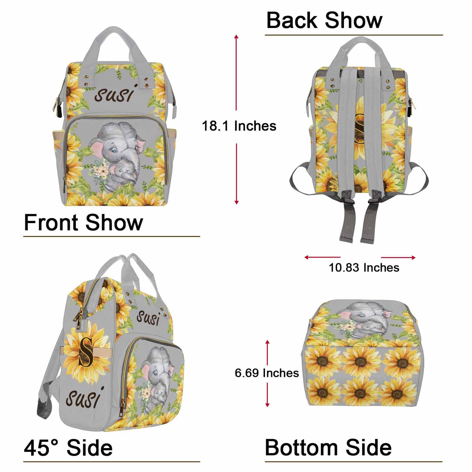 **Personalized Gray Sunflower Elephant Diaper Backpack – Large Waterproof Baby Bag for Boys & Girls, Custom Name Nappy Organizer for Moms & Dads – Perfect for Travel, Nursing & Daily Use**