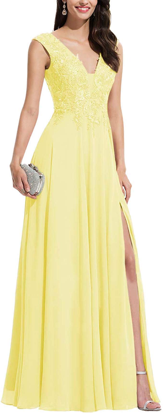 Elegant Lace Appliques Chiffon Slit Bridesmaid Dresses - Long V-Neck Corset Formal Party Gowns for Weddings, Prom & Evening Events