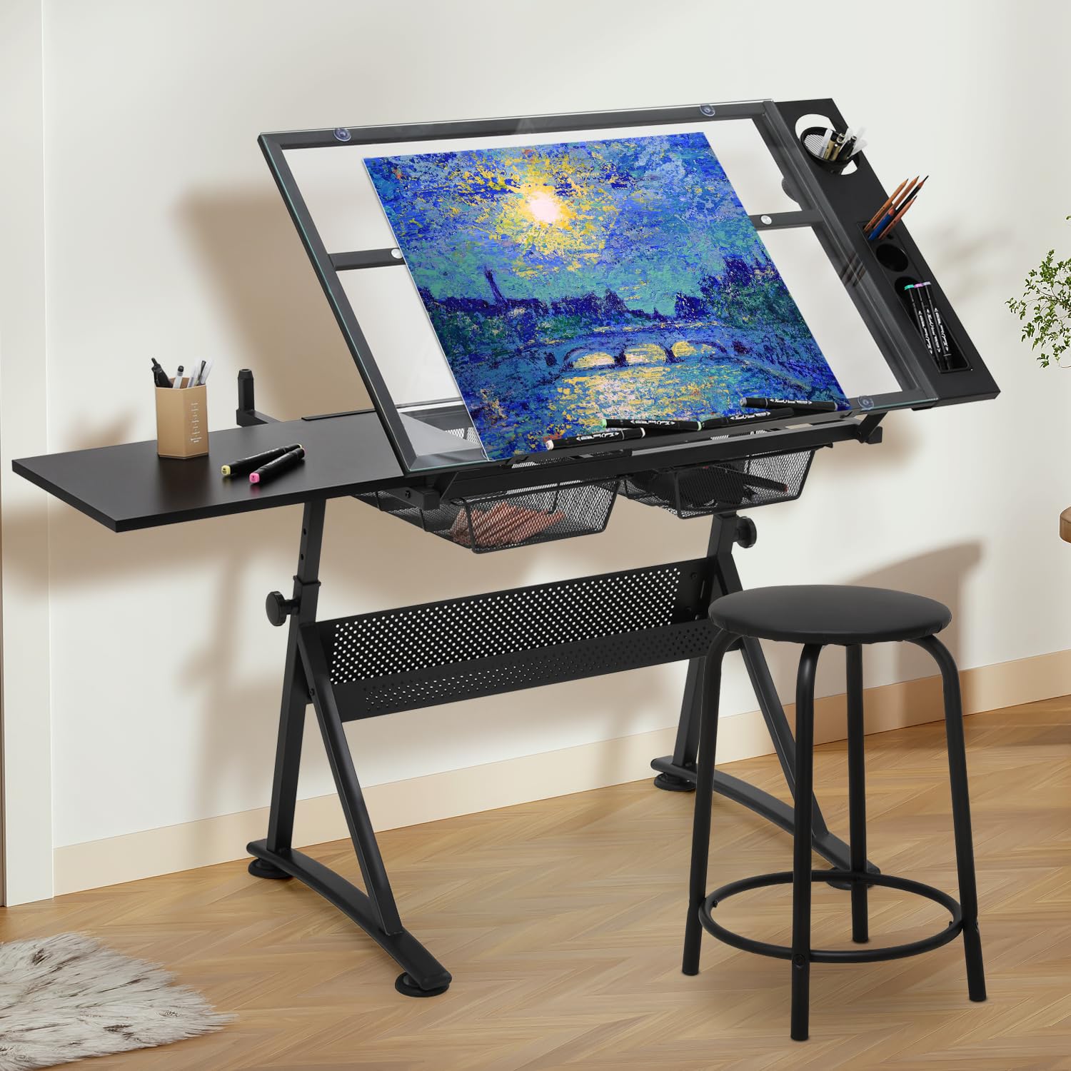 Magshion Adjustable Drafting Table Set - Tilting Glass Art Desk with Sliding Desktop, Stool & Steel Mesh Drawers - All-in-One Artist Drawing Desk for Sketching, Writing, Crafting & Home Office Work (Clear) - Perfect for Artists, Designers, Students & DIY Enthusiasts