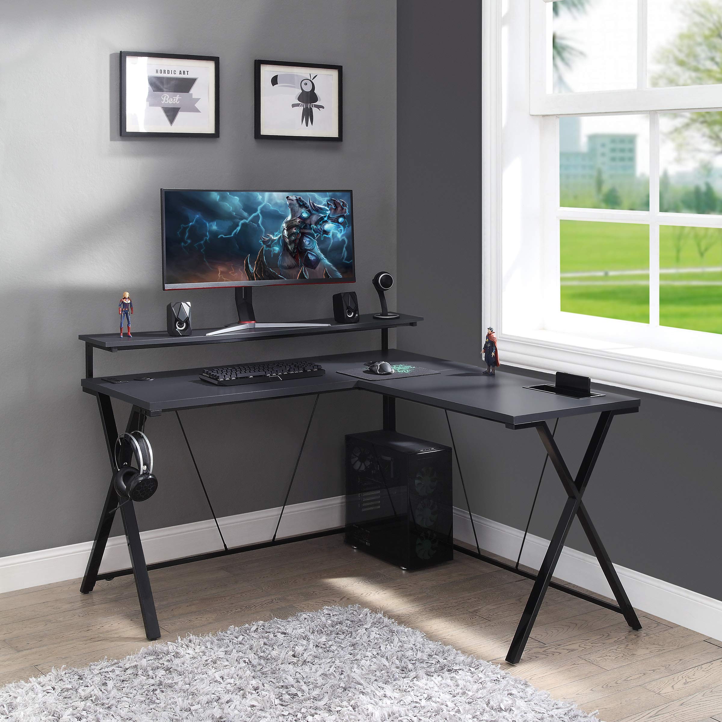 OSP Home Furnishings L-Shaped Gaming Desk with RGB LED Lights - Ergonomic Computer Desk for Gamers & Streamers, Black | Perfect for Gaming Setups, Home Office & Esports Battlestations
