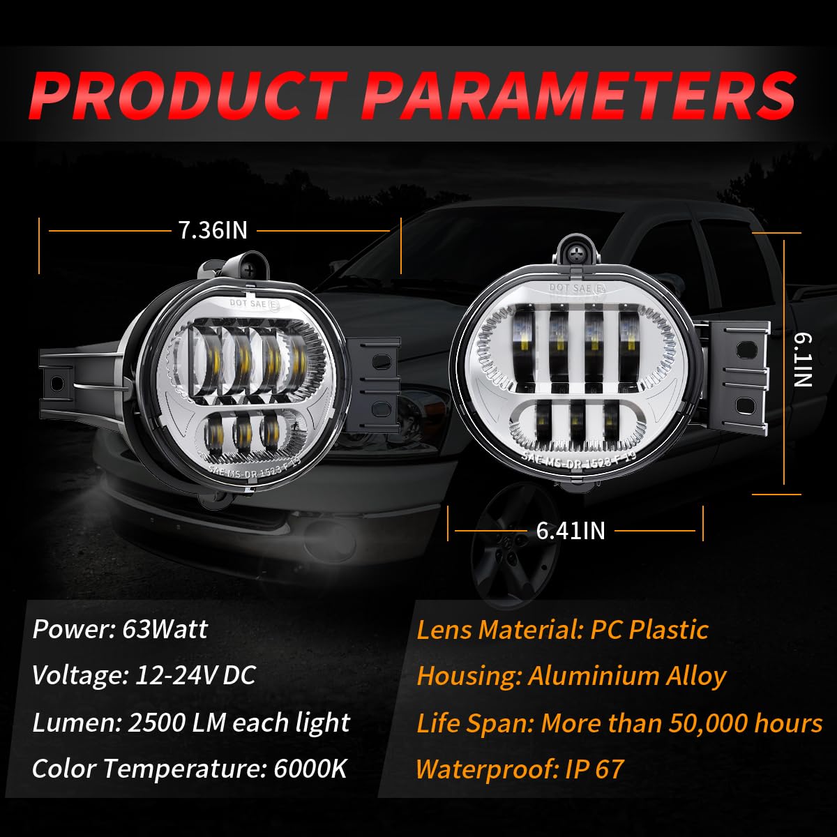 Upgraded LED Fog Lights for Dodge Ram 1500 2500 3500 (2002-2008) & Durango (2004-2006) - Chrome Pair for Driver & Passenger Side - Enhanced Visibility for Off-Roading & Night Driving