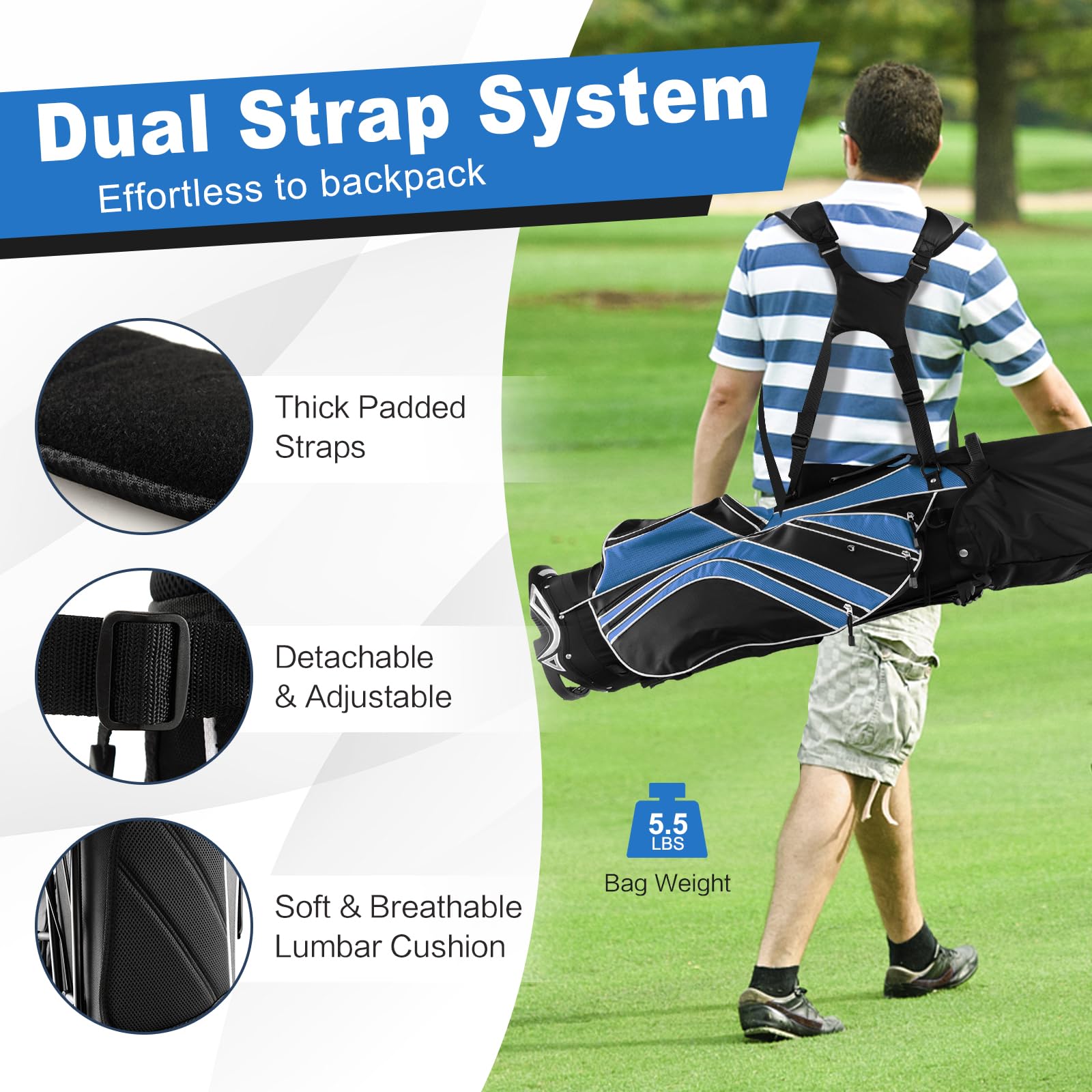 GYMAX 6-Way Divider Golf Stand Bag with 8 Pockets, Rain Hood & Umbrella Holder - Lightweight Portable Golf Club Bag for Men & Women - Perfect for Driving Range, Course Play & Travel