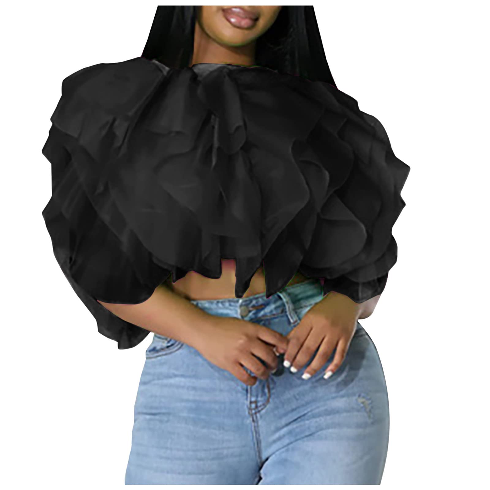 YZHM Women's Summer Ruffle Flowy Chiffon Short Blouse | Puffy Cropped Sleeveless Shirt & Tank Top for Ladies | Beachwear, Party Outfit & Casual Summer Fashion