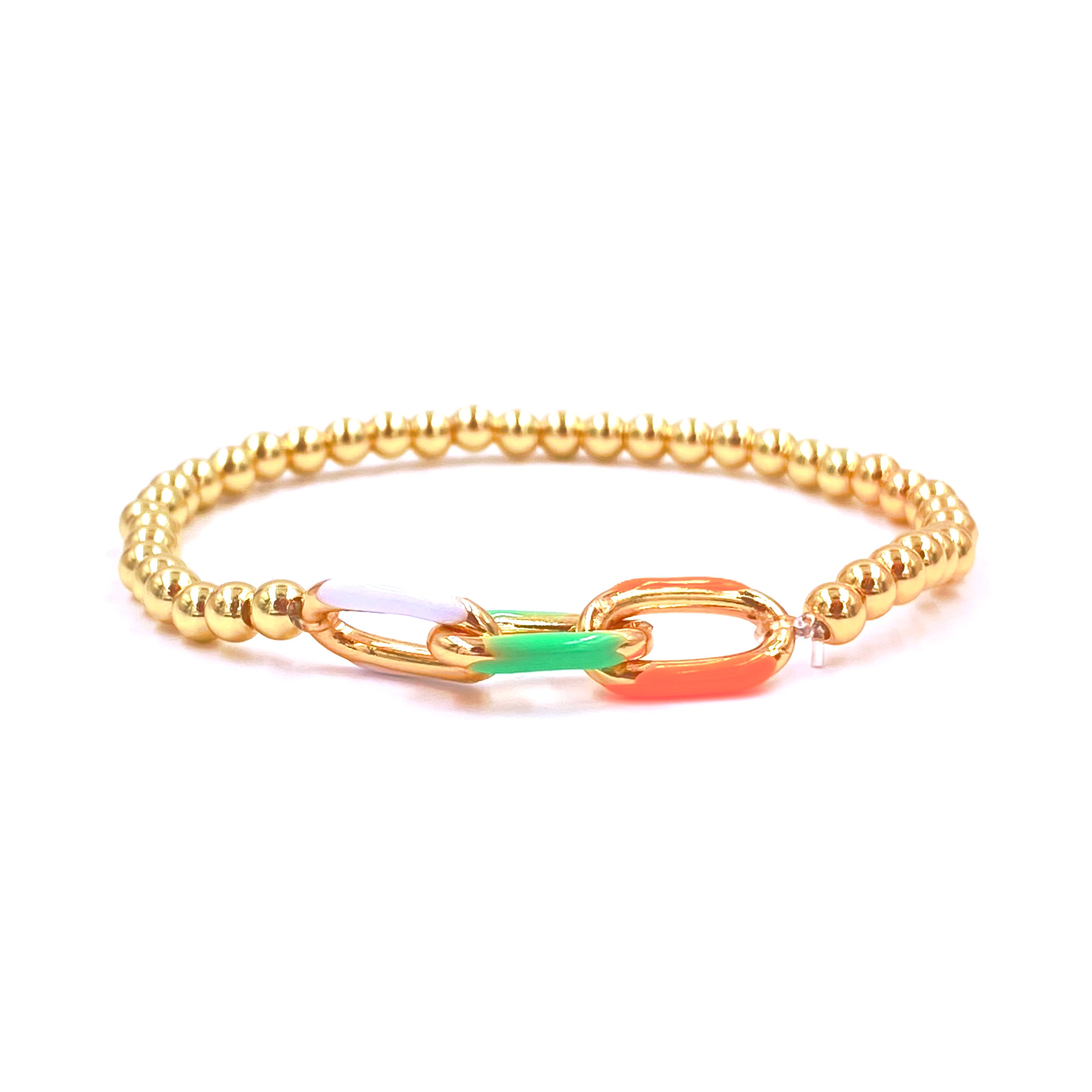 Ashley Gold Stainless Steel 4mm Gold Plated Enamel Link Chain Stretch Beaded Bracelet for Women - Perfect for Parties, Weddings & Everyday Wear