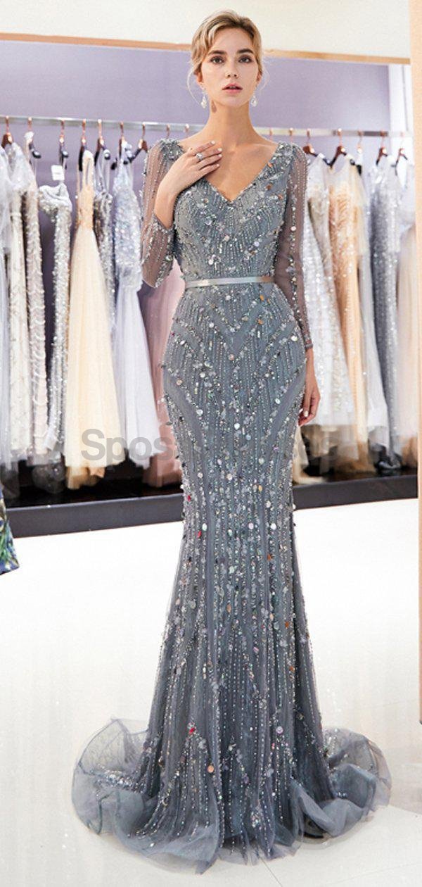 Elegant Long Sleeve Grey Rhinestone Beaded Mermaid Prom Dress for Evening Party & Formal Events - Perfect for Homecoming, Wedding Guest, and Special Occasions