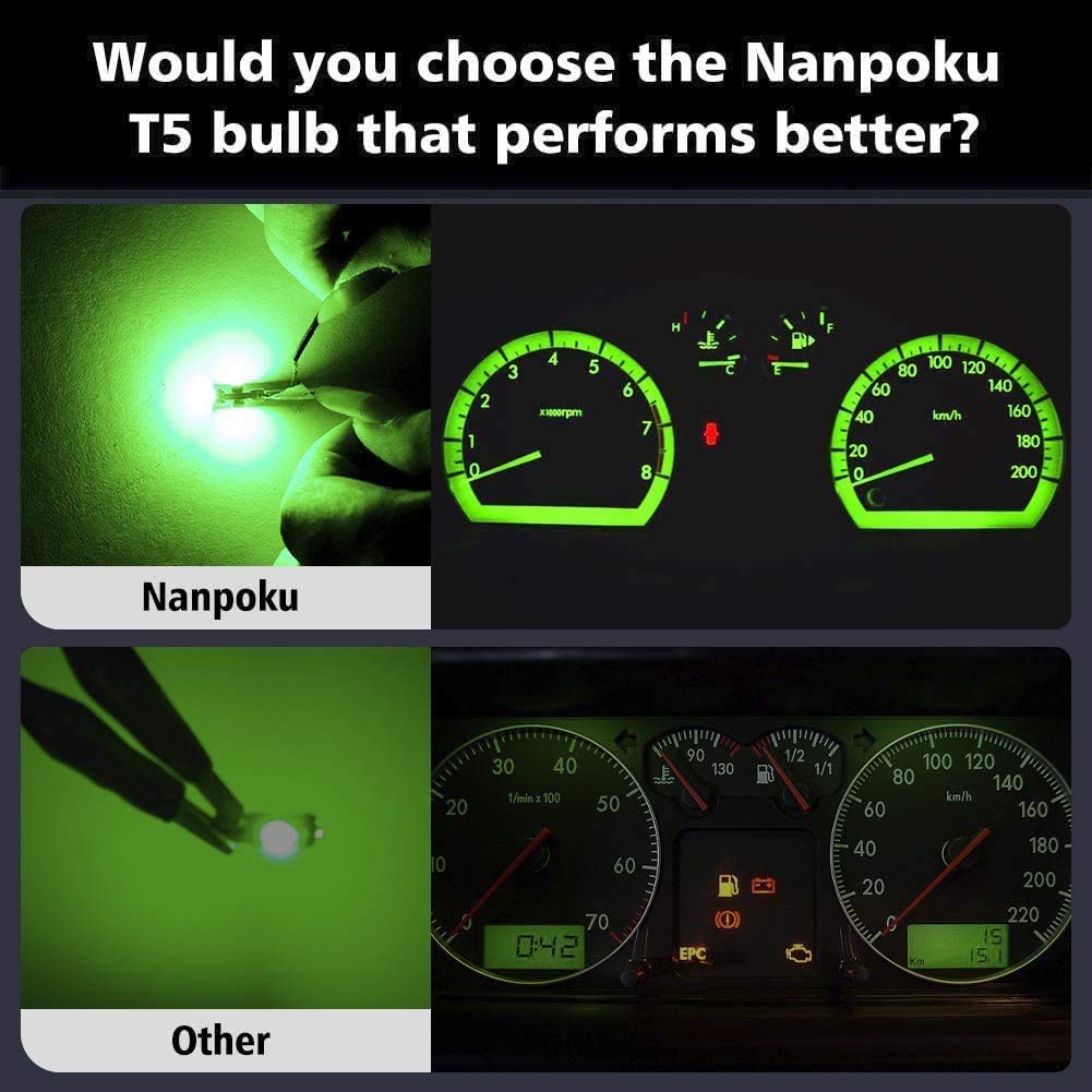 T5 LED Bulbs 74 73 37 2721 - Super Bright Green LED Replacement Bulbs for Car Dashboard, Instrument Panel & Gauge Cluster Lights - Perfect for Night Driving & Enhanced Visibility
