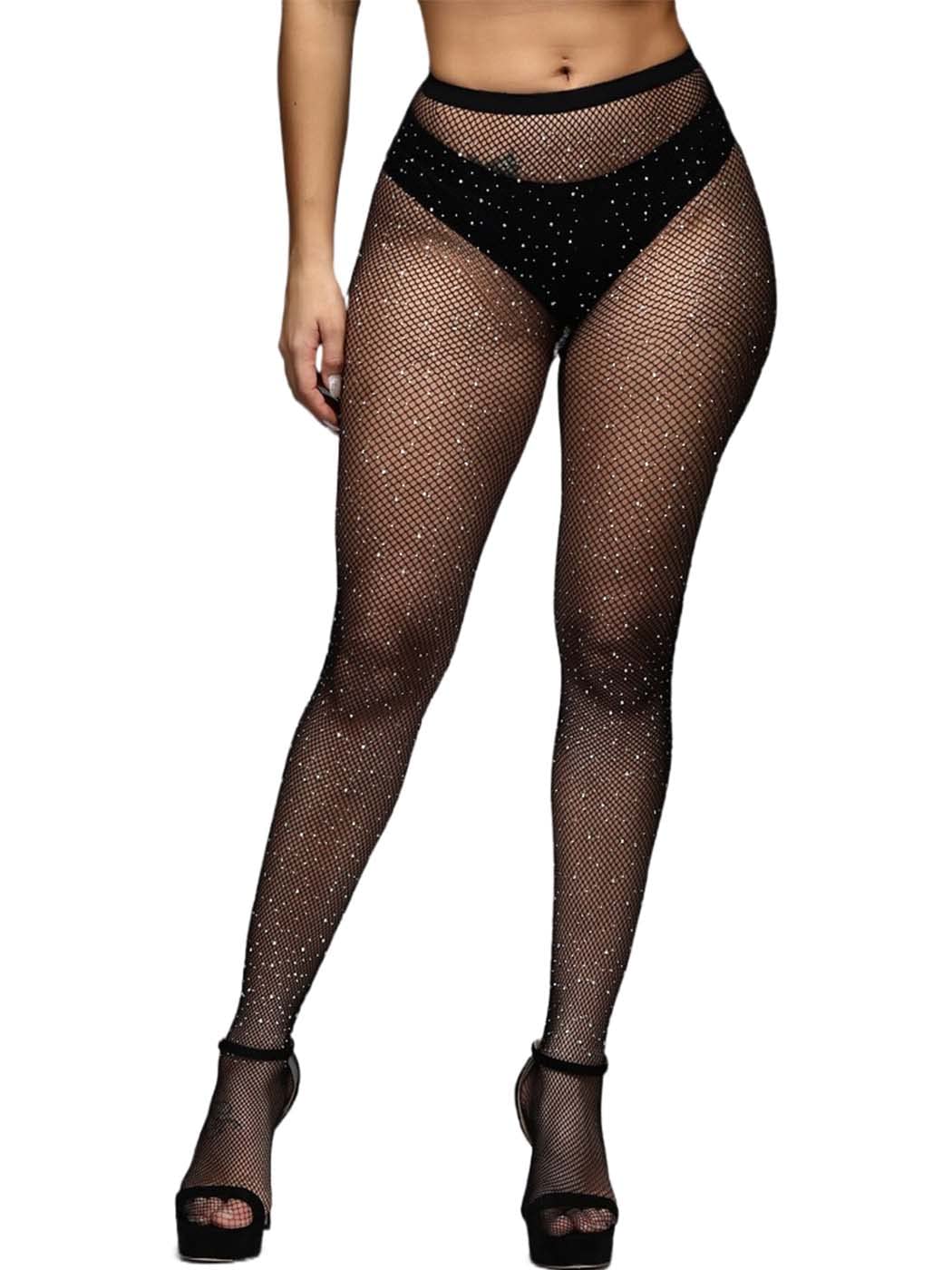 Zeelina Sparkly Rhinestone Fishnet Stockings - Sexy Mesh Thigh High Stockings for Women | Black High Waisted Leggings | Perfect for Parties, Cosplay & Night Out