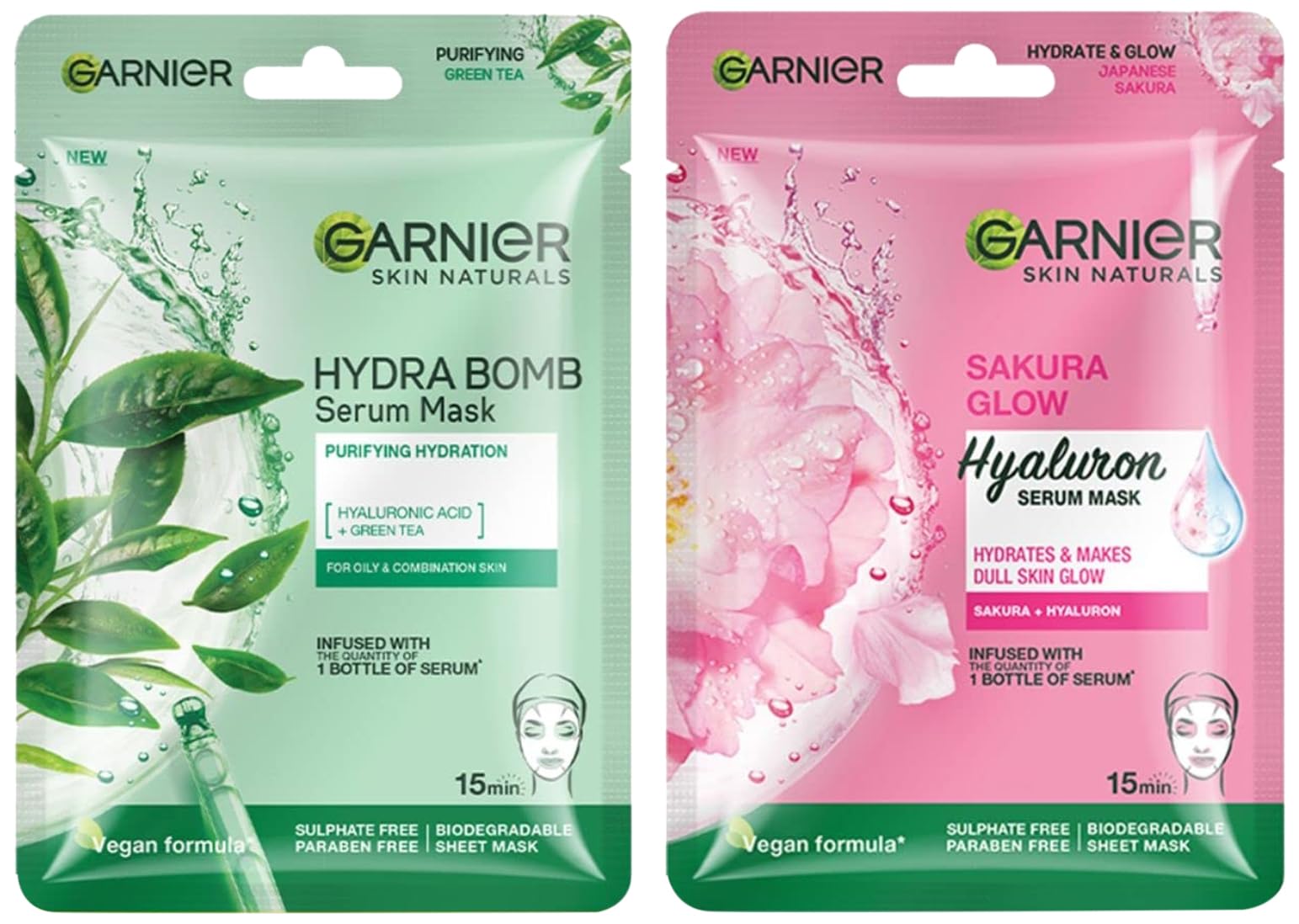 Garnier Skin Naturals Green Tea & Sakura White Face Serum Sheet Masks Set - 32g Each for Hydration & Brightening | Korean Skincare Routine, Spa Night, Self-Care Gift